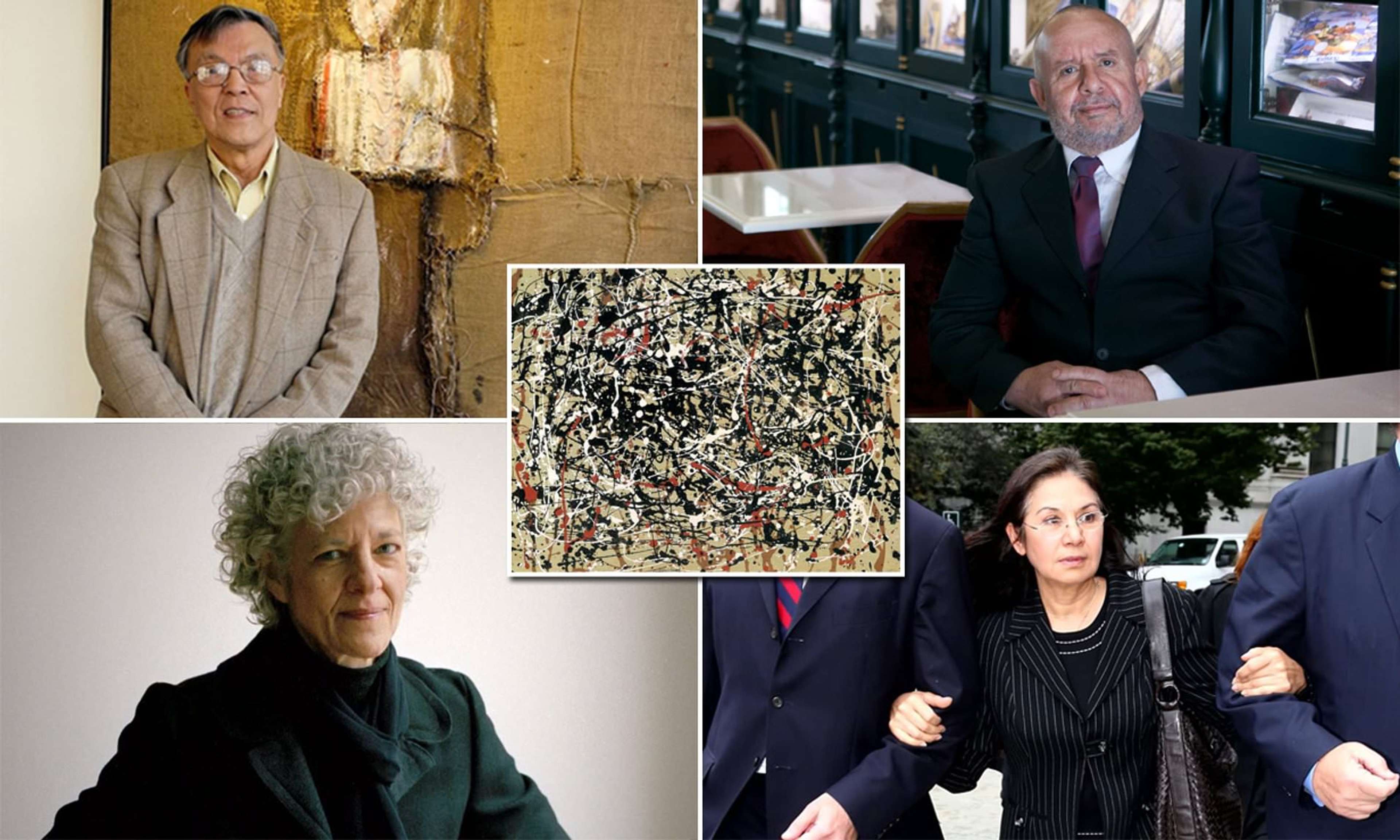 Un collage des principaux acteurs du scandale Knoedler (dans le sens des aiguilles d'une montre) : Pei-Shen Qian, Jose Carlos Bergantinos Diaz, Glafira Rosales et Ann Freedman. Au centre, l'une des fausses peintures attribuées à Jackson Pollock.
