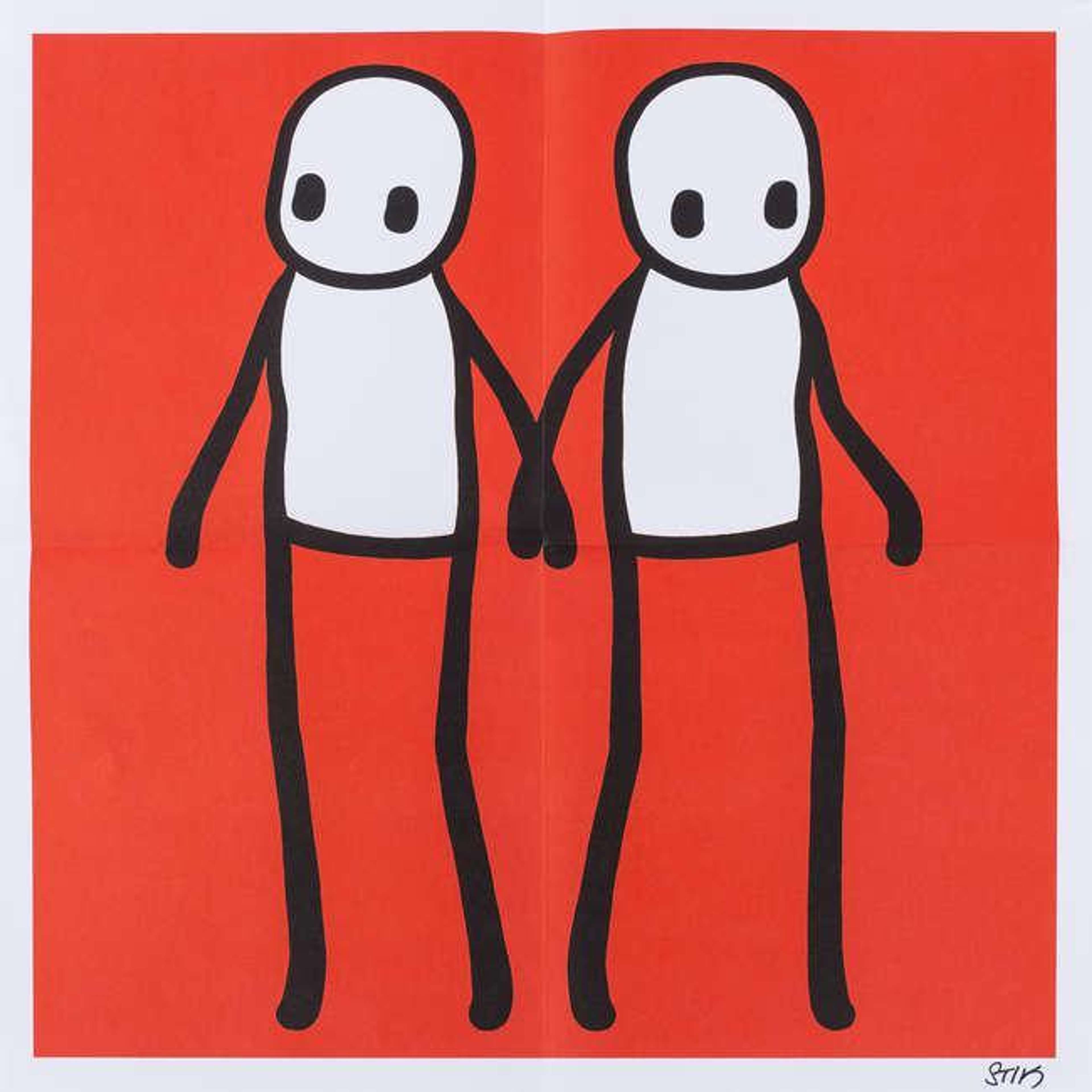 Grande image de deux bonshommes se tenant la main devant un fond rouge
