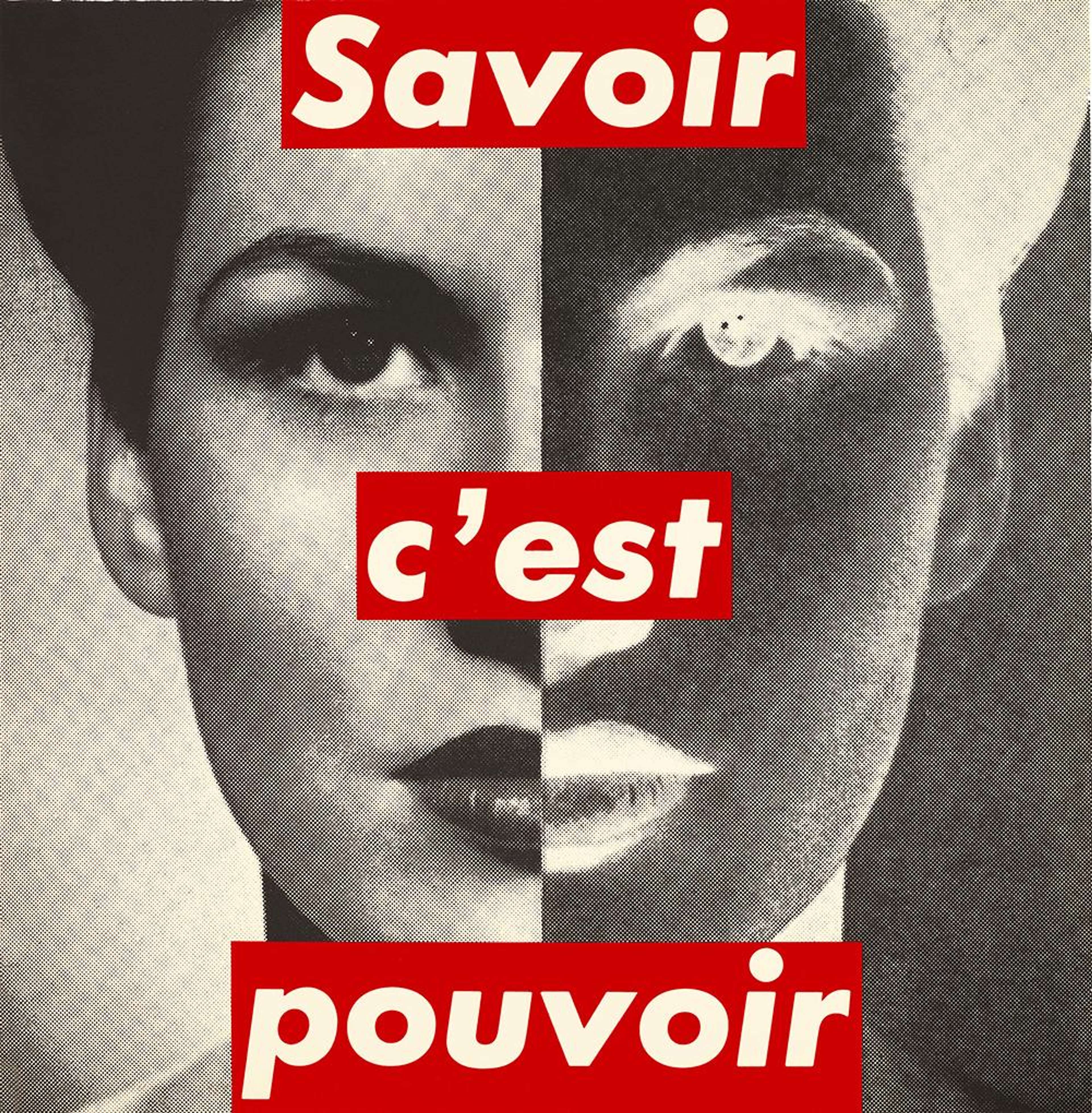 Un visage de femme, coupé en deux, le côté droit aux couleurs inversées, accompagné du texte « Savoir C'est Pouvoir »