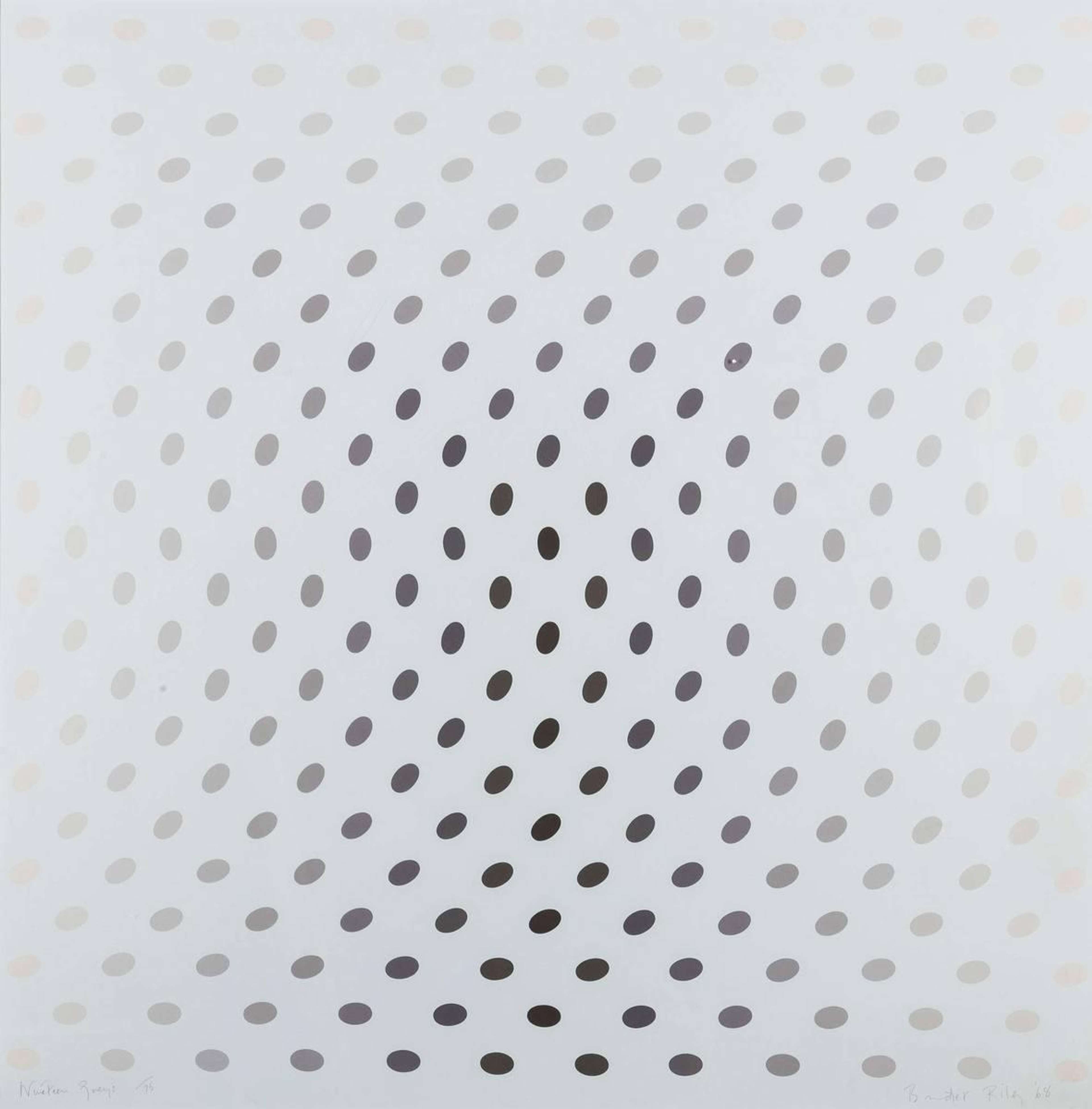 Sérigraphie Op Art de Bridget Riley, « Nineteen Greys C », composée de points noirs en dégradé sur un fond gris.