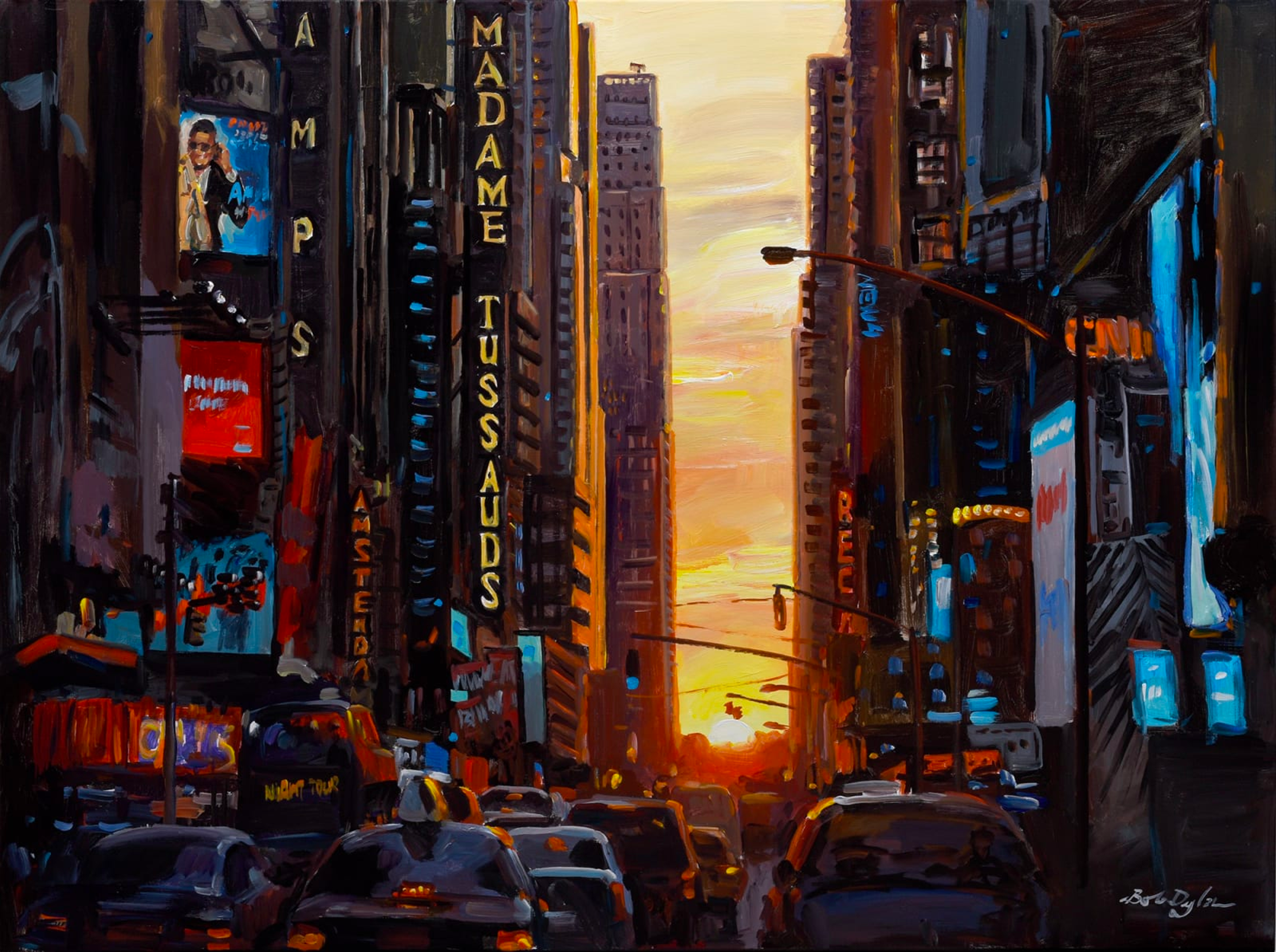 Image recadrée d'une rue animée de Manhattan, New York, au coucher du soleil, bordée d'immeubles.