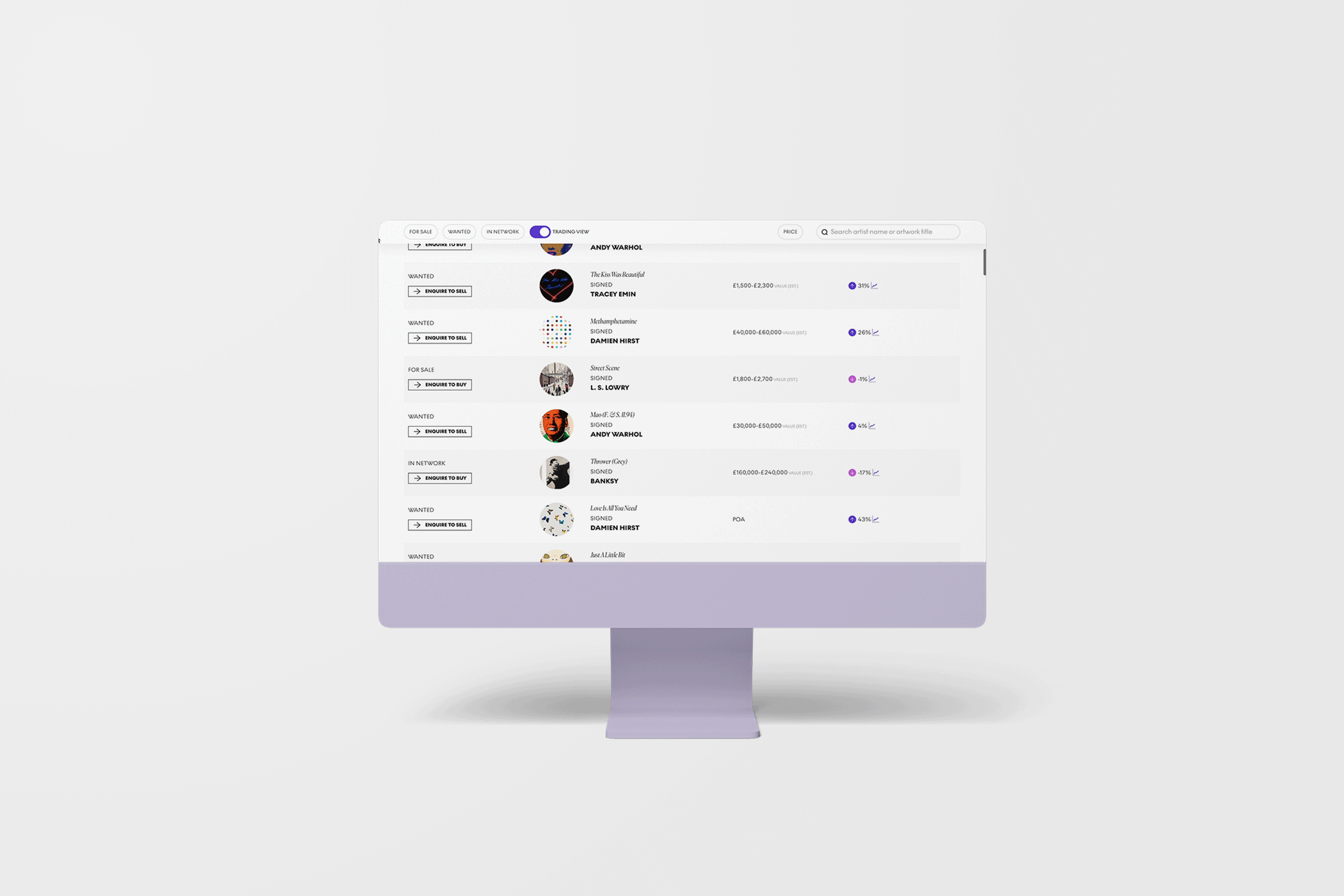 Un graphique représentant un écran d'ordinateur affichant la vue déroulante du Trading Floor de MyArtBroker