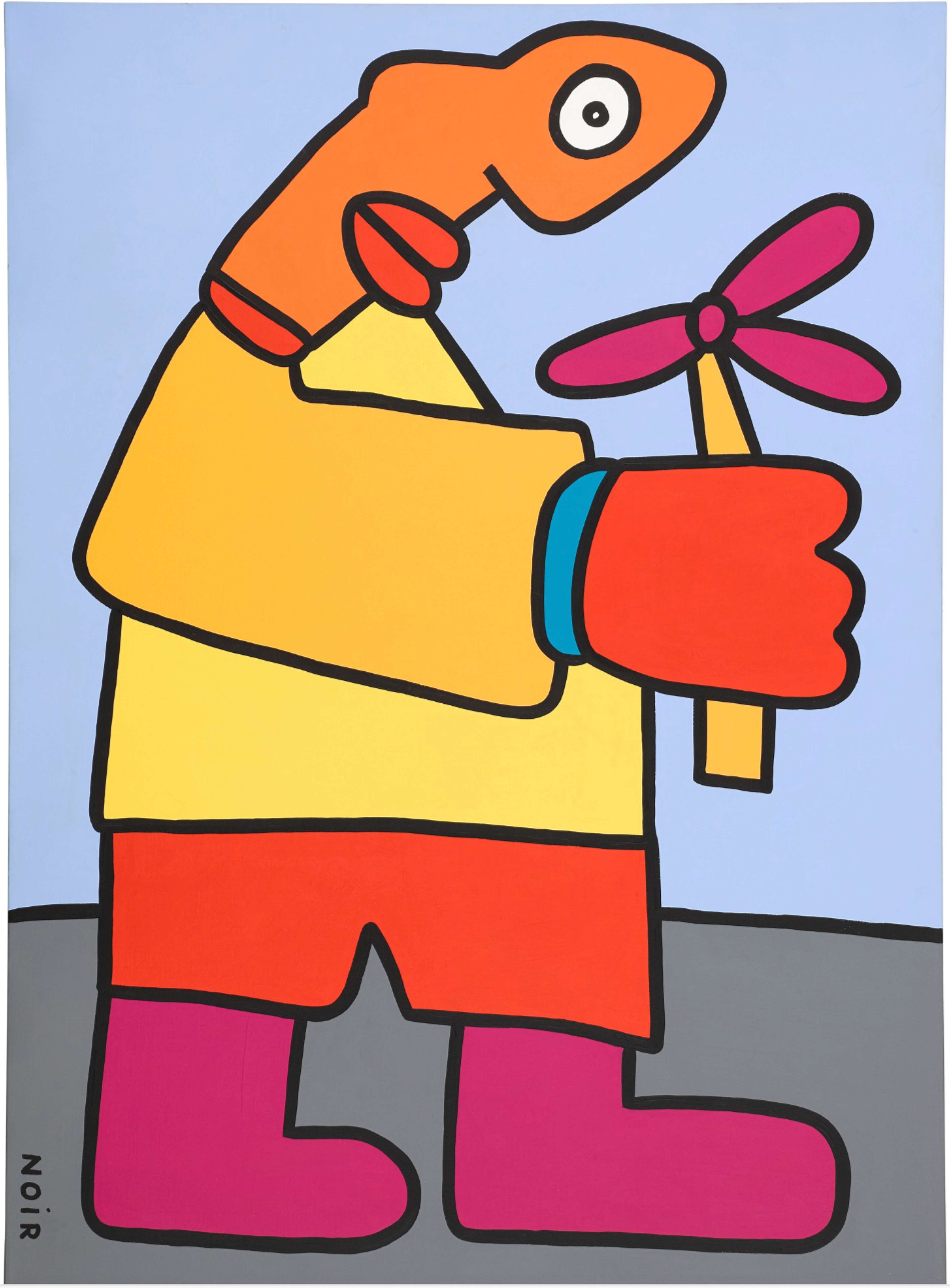 An abstracted palette with grey at the bottom and light blue on top, representing the sky and pavement. A vibrant caricature walks in the middle, depicted in abstracted yellow, orange, and pink hues, outlined in bold black lines. The figure gazes downward at a three-petaled flower held in its hand. The artwork is signed "NOIR" in the bottom left corner.