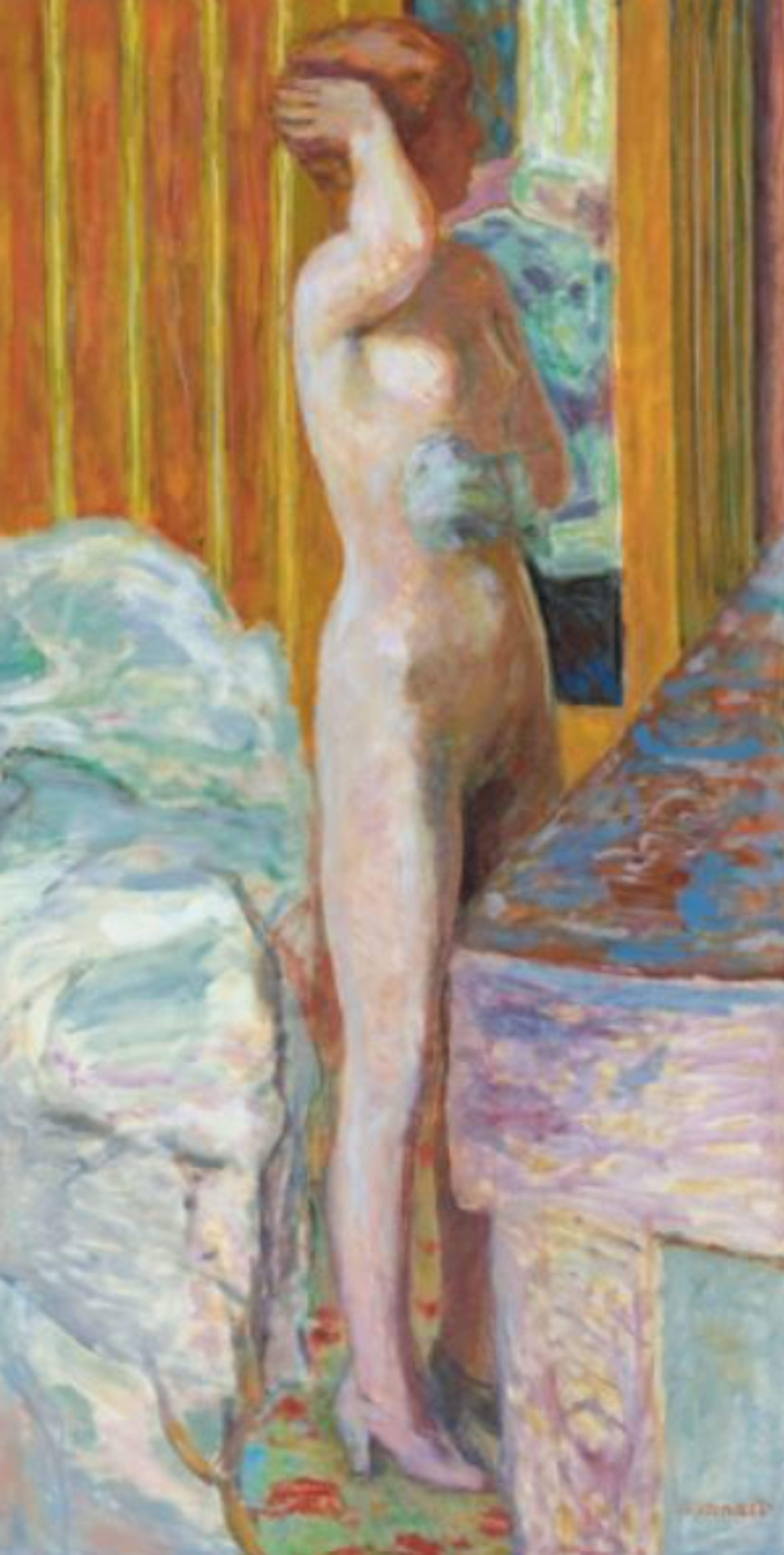 A nude female figure, one arm lifted to her hair and the other holding a cloth to her chest, standing against a striped brown and gold wallpaper. A door is visibly open behind her. Two pieces of furniture encroach on the space either side of her. Her tall form is painted with soft flesh tones in short brushstrokes.