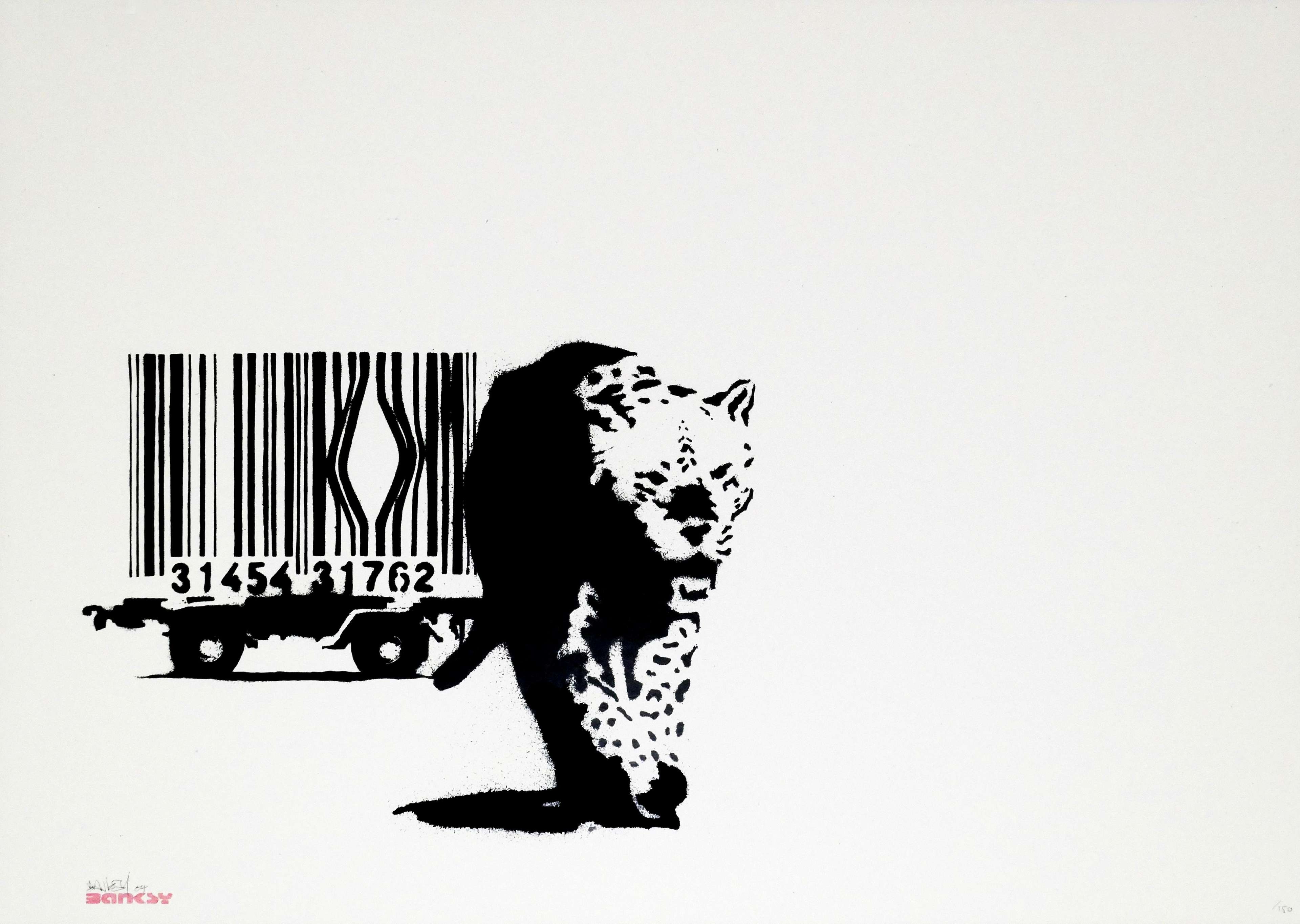 Banksy screenprint of a barcode forming prison bars with an escaped leopard in bold black-and-white stencil style.
