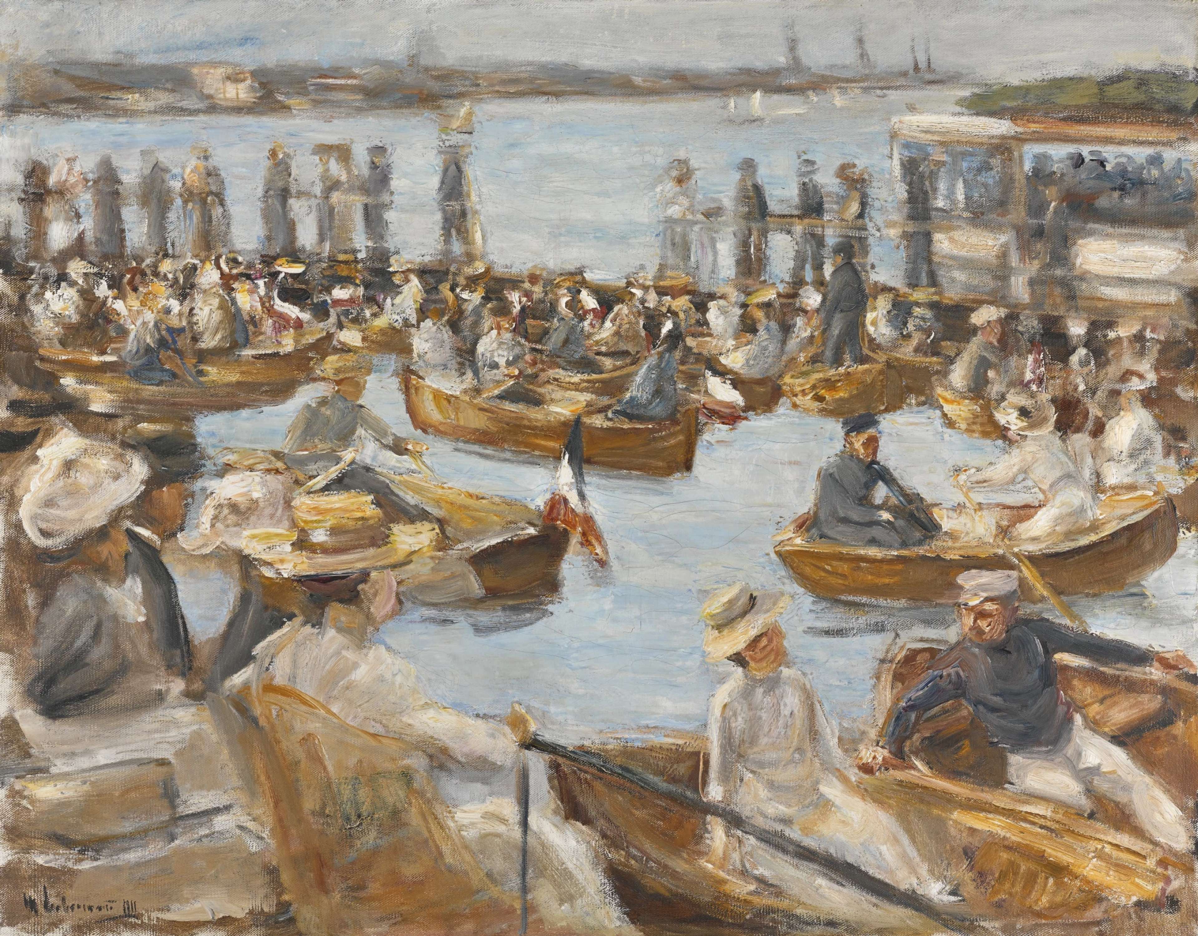 A loose, Impressionistic painting of a busy summer evening at a lake with numerous small boats and people, set against a distant cityscape with church spires in the background.