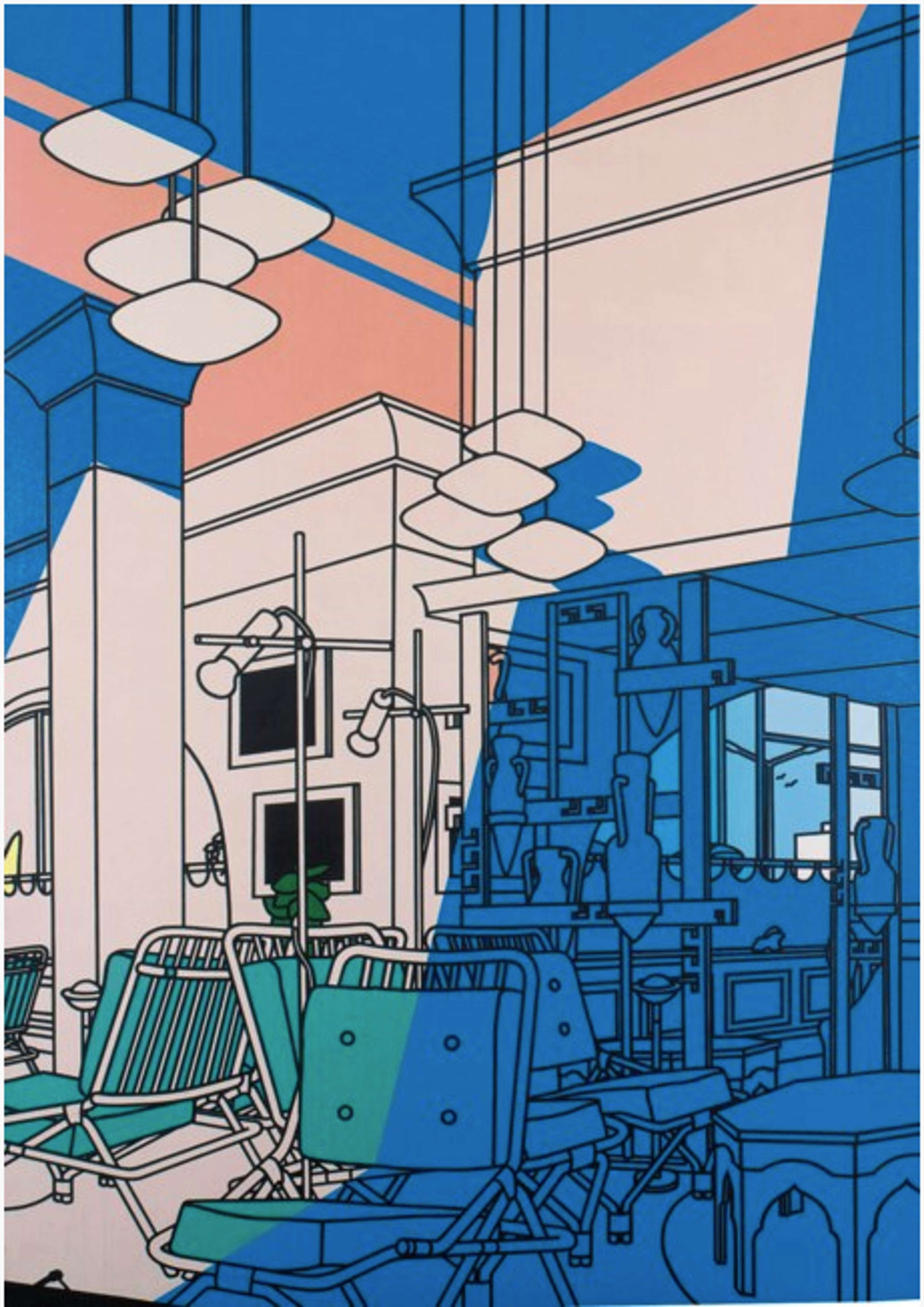  A cluttered interior space with chairs, hanging lights, tables, wall ornamentation, and construction materials set against an abstracted palette of blue, pink, and blush tones.