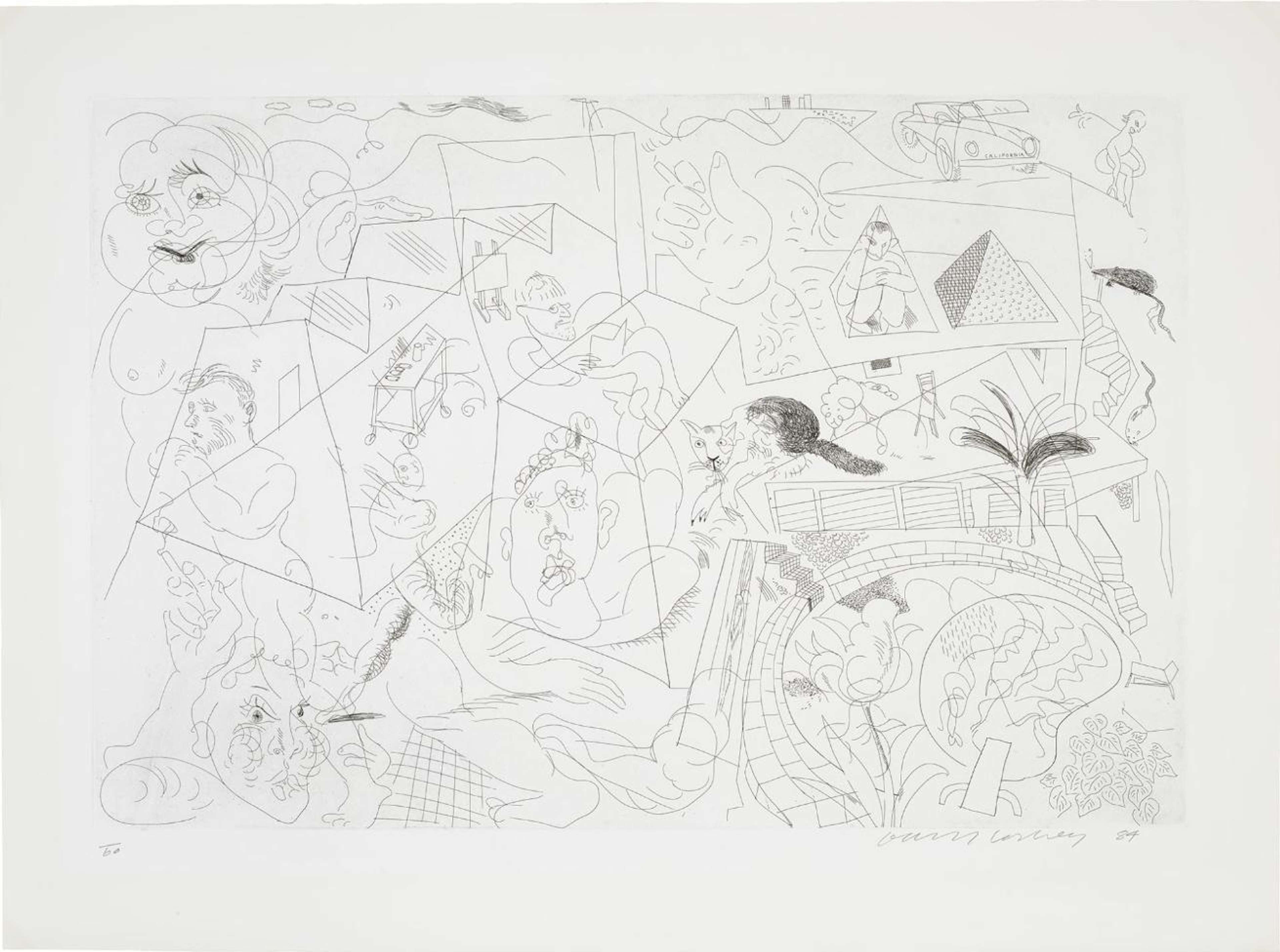 Ce gribouillis réunit de nombreux éléments différents de la vie de Hockney, et présente tout, de son célèbre motif de piscine à des chaises déformées.