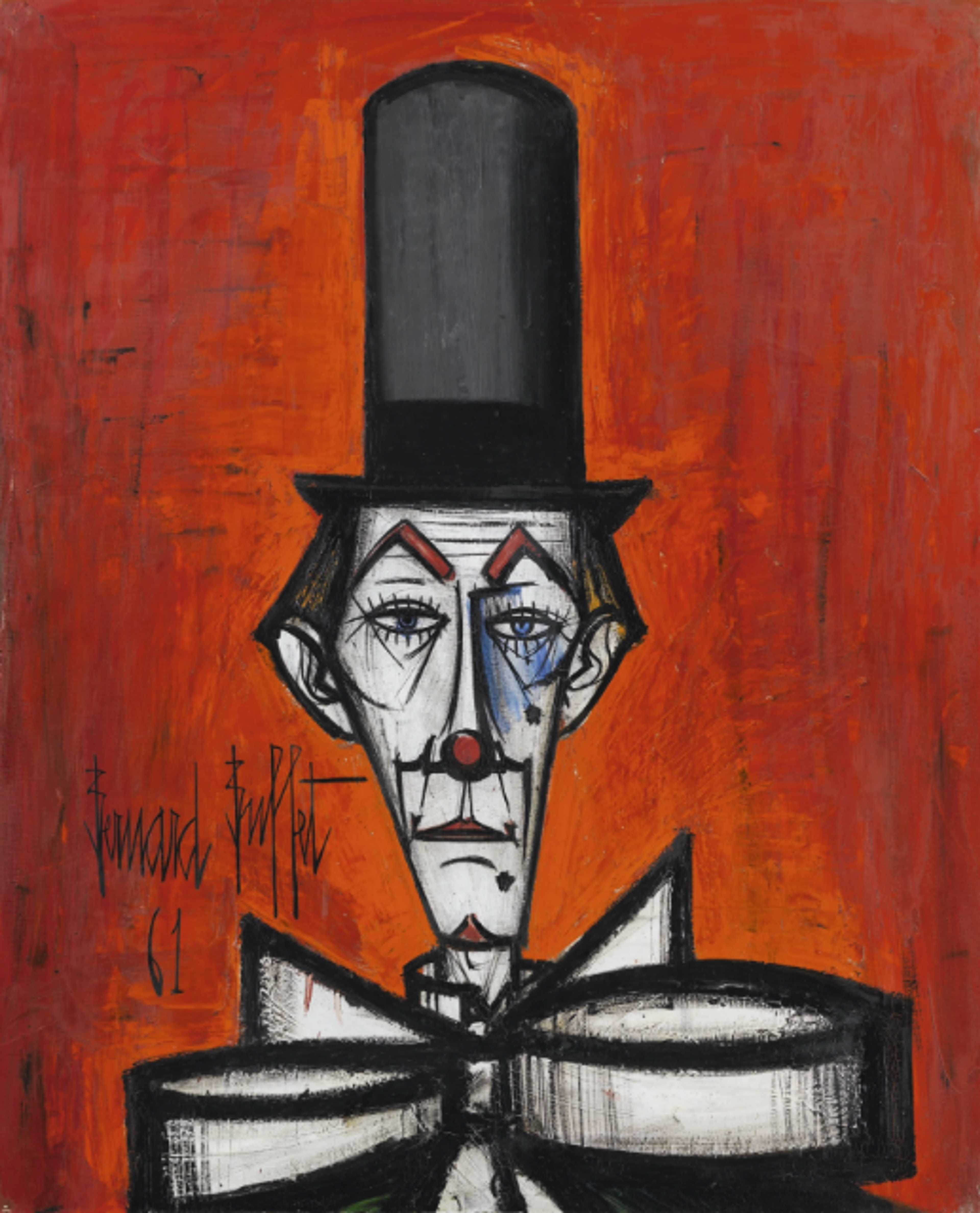 A striking head-and-shoulders portrait of a clown against a vibrant red background. The figure wears a tall black top hat and bow tie, with an extremely elongated white face. The facial features are stylised with angular lines, sunken cheeks, thick red eyebrows, and a melancholic expression. He wears a huge upside-down black-and-white bowtie.