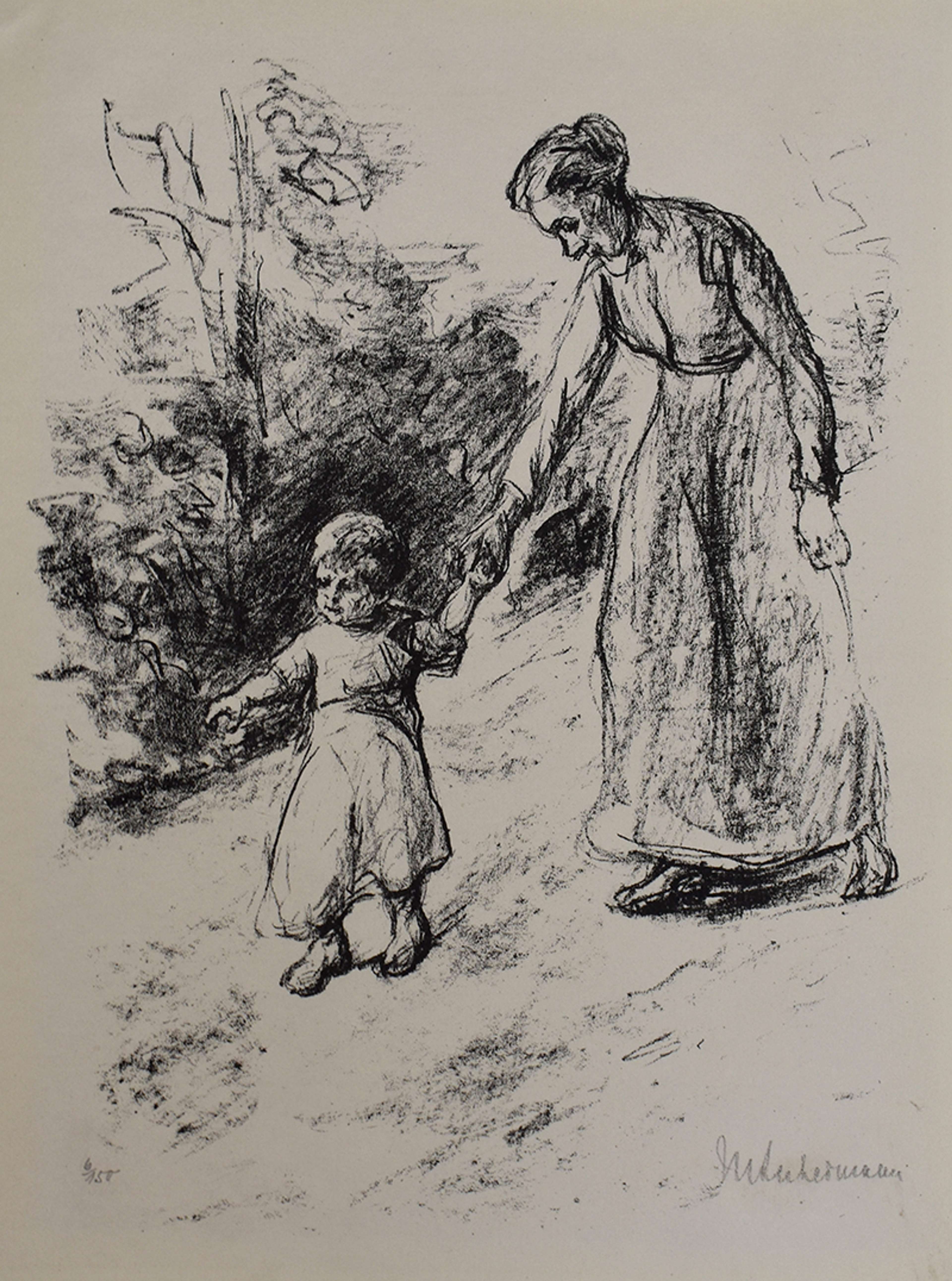 Une représentation, proche de l'esquisse, d'une femme descendant une pente en tenant la main d'un jeune enfant. L'enfant pointe quelque chose devant eux tandis que la femme se penche légèrement. La femme porte une longue robe ceinturée d'un ruban. L'enfant porte un pantalon long et ample. À l'arrière-plan, on devine vaguement des buissons et des arbres.