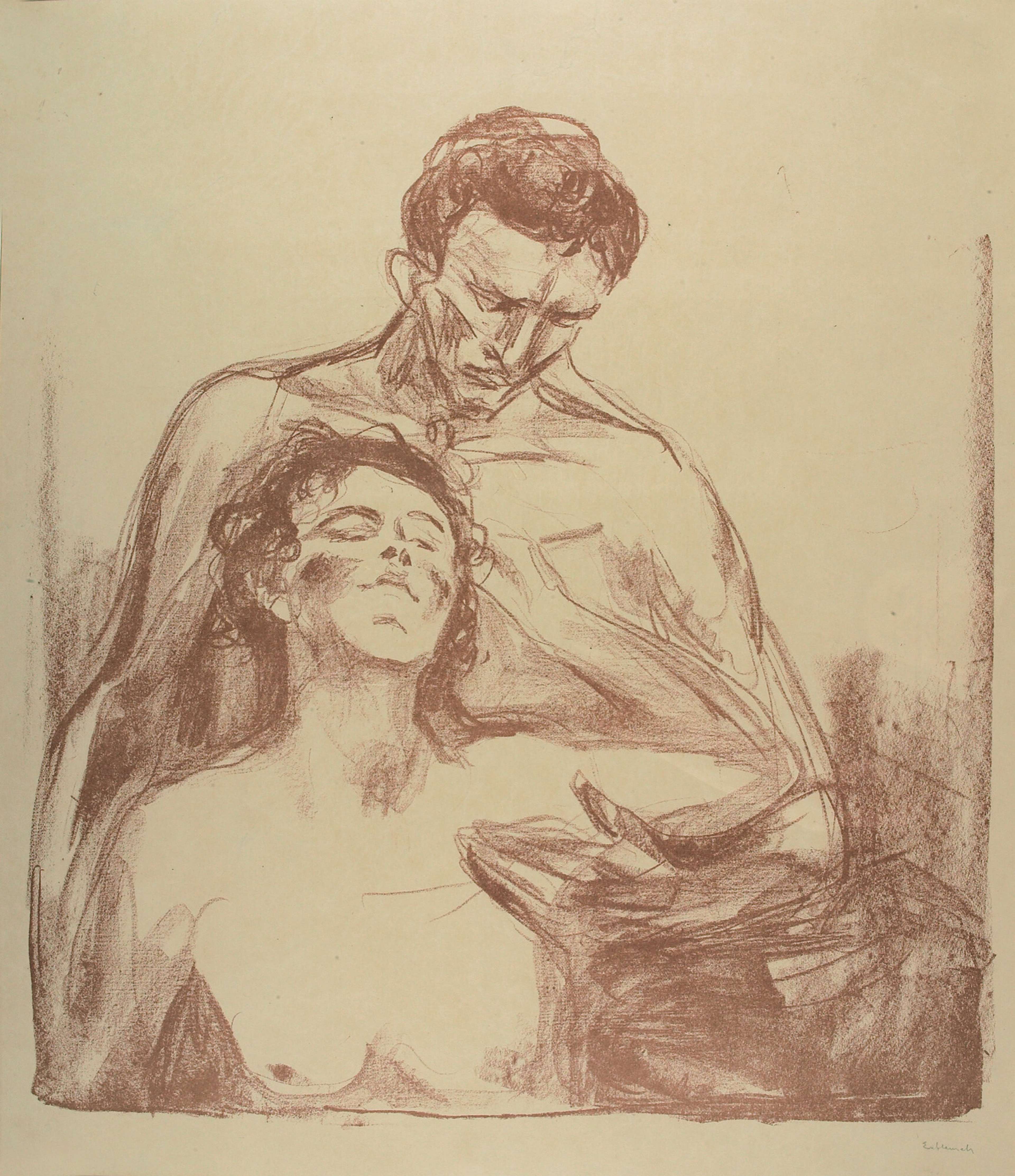 Une lithographie représentant un homme et une femme nus enlacés, réalisée avec des tons rouge-brun sur un fond blanc cassé.