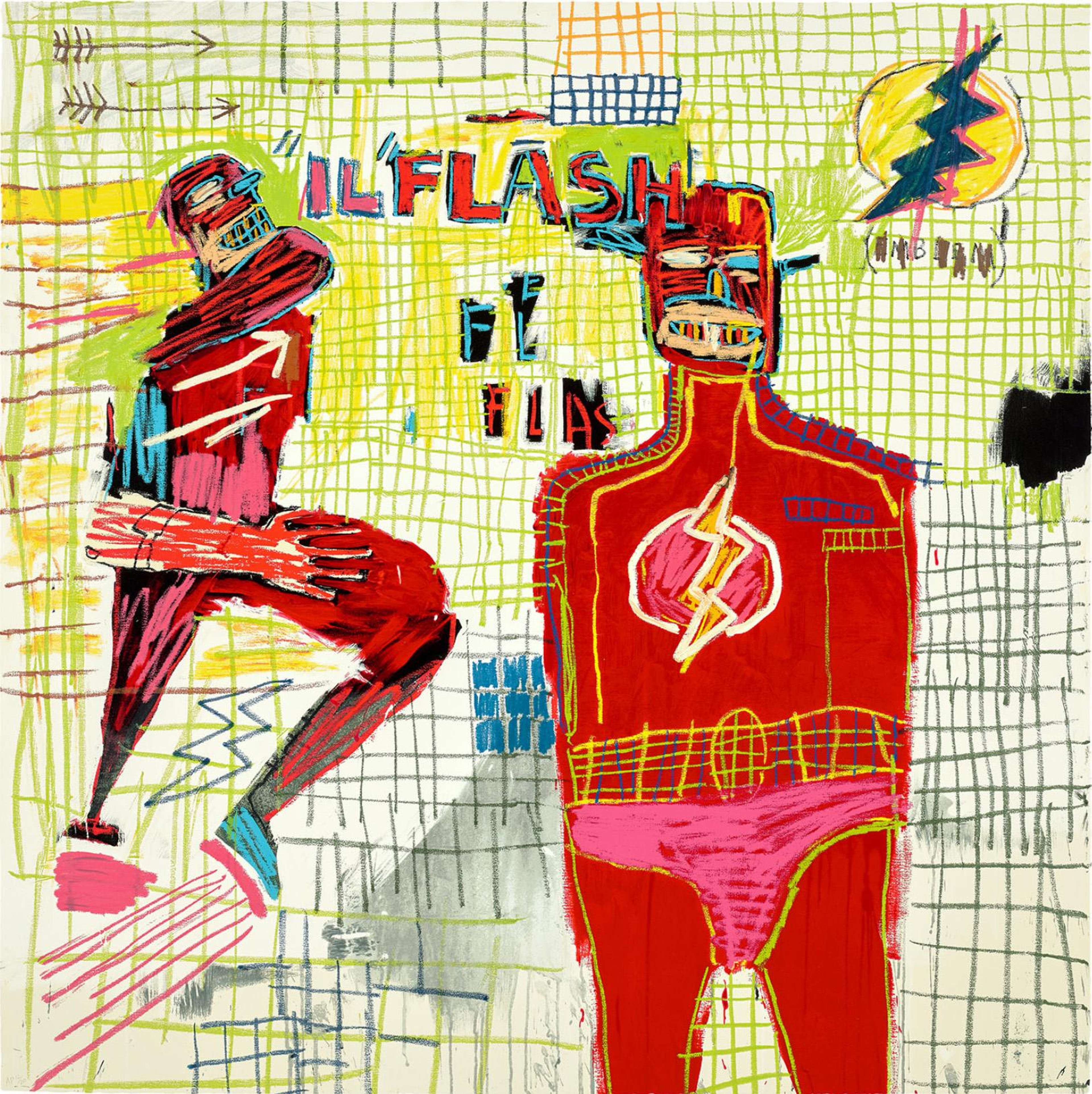 Une sérigraphie de Jean-Michel Basquiat, intitulée « Flash In Naples », représentant deux figures de super-héros vêtues de masques — l'une de face avec un éclair sur la poitrine, l'autre en pleine foulée — sur fond de grille au trait dessiné à la main en vert citron, avec le texte griffonné « ‘IL’ FLASH », des marques en zigzag et un cercle jaune orné d’un éclair. L'œuvre présente un travail au trait rappelant le graffiti, un hachurage grossier et une palette vive de rouge, de vert acide, de jaune, de cobalt et de noir sur fond blanc. Réalisée en sérigraphie néo-expressionniste issue du portfolio Superhero Portfolio (2022), non signée, sur une édition de 85 exemplaires.