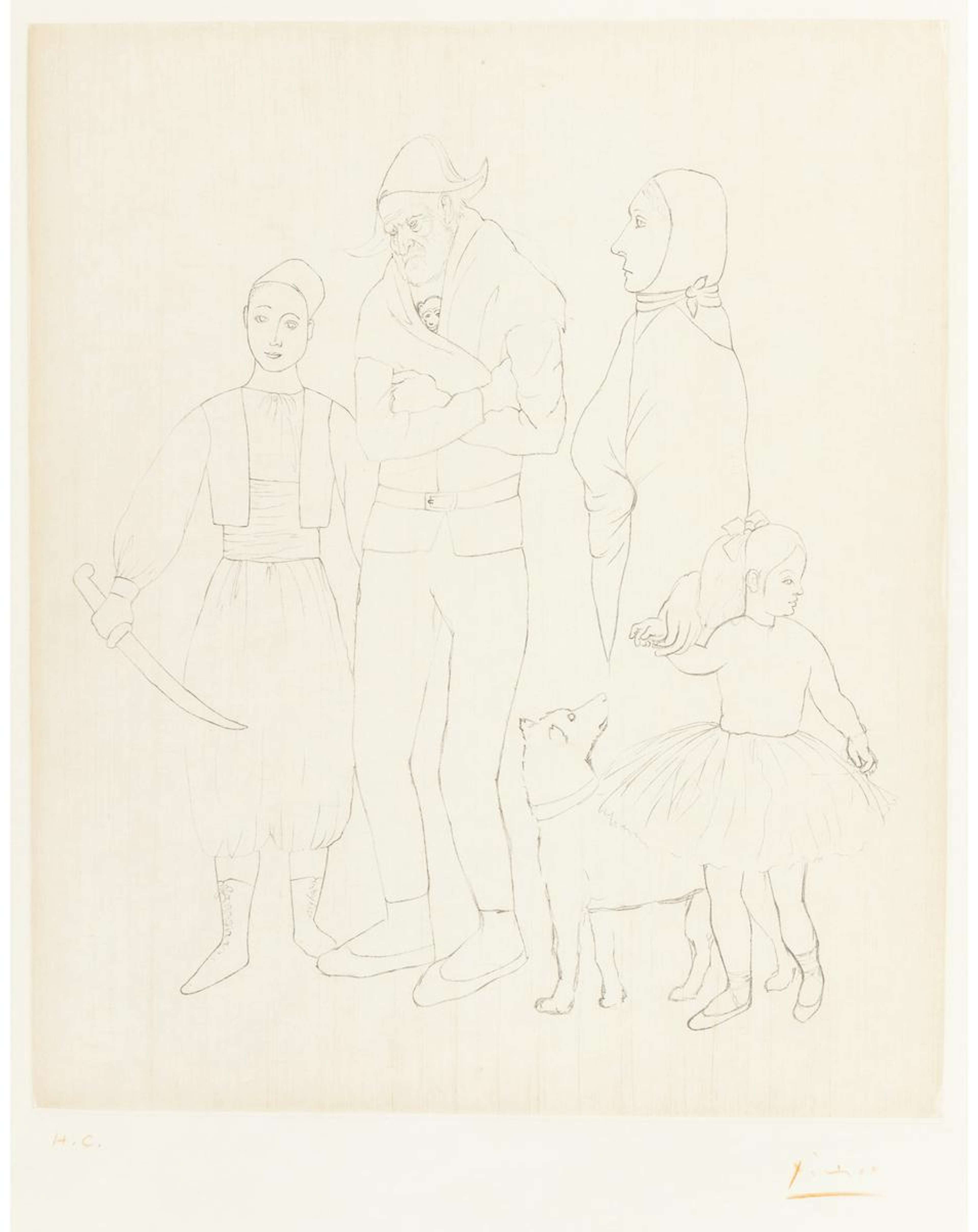 Ce dessin au trait de Pablo Picasso représente une famille de saltimbanques. On y voit la mère tenant la main d'une fillette.