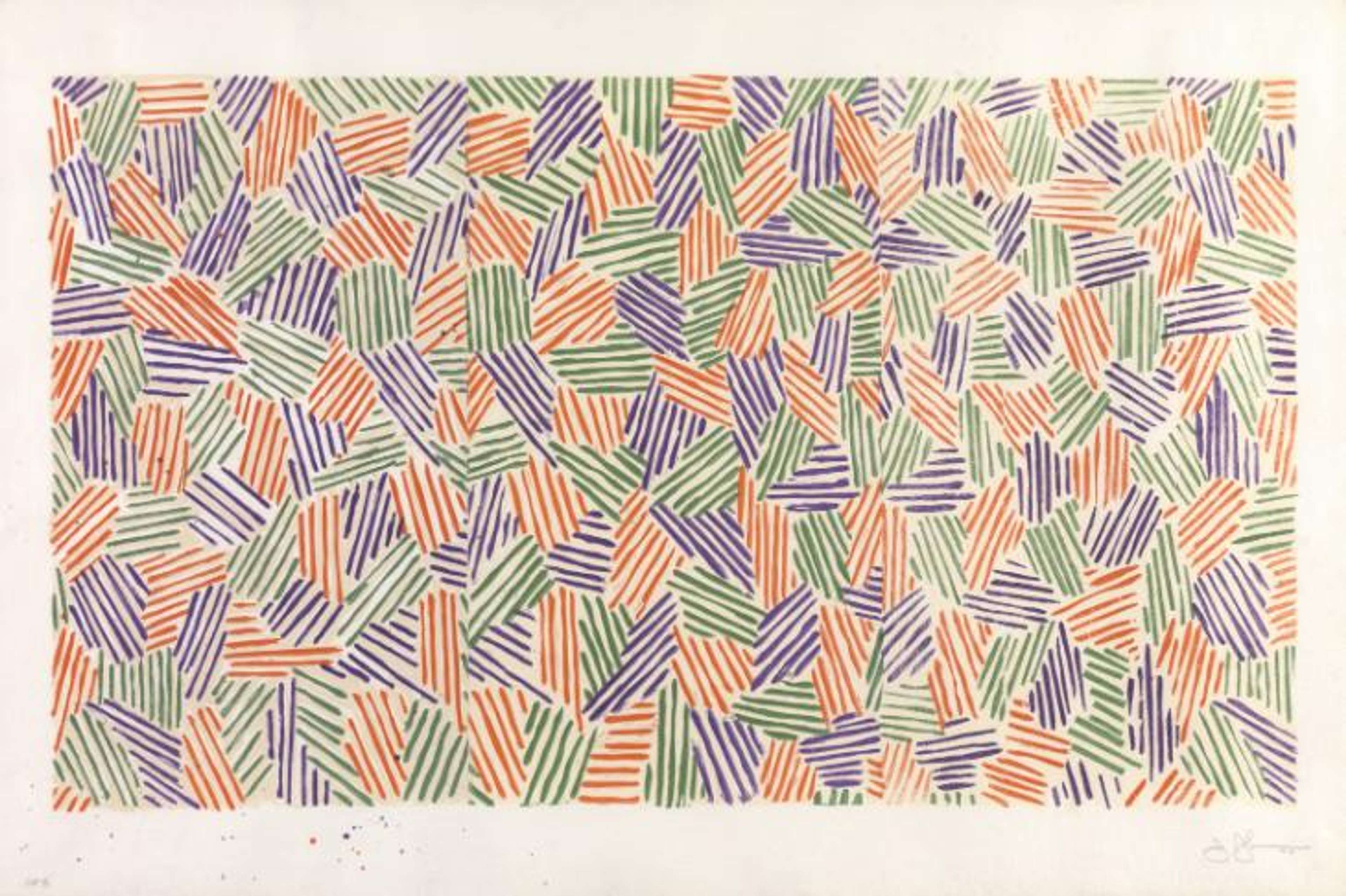 Multiples motifs de formes géométriques rouges, vertes et bleues remplies de lignes