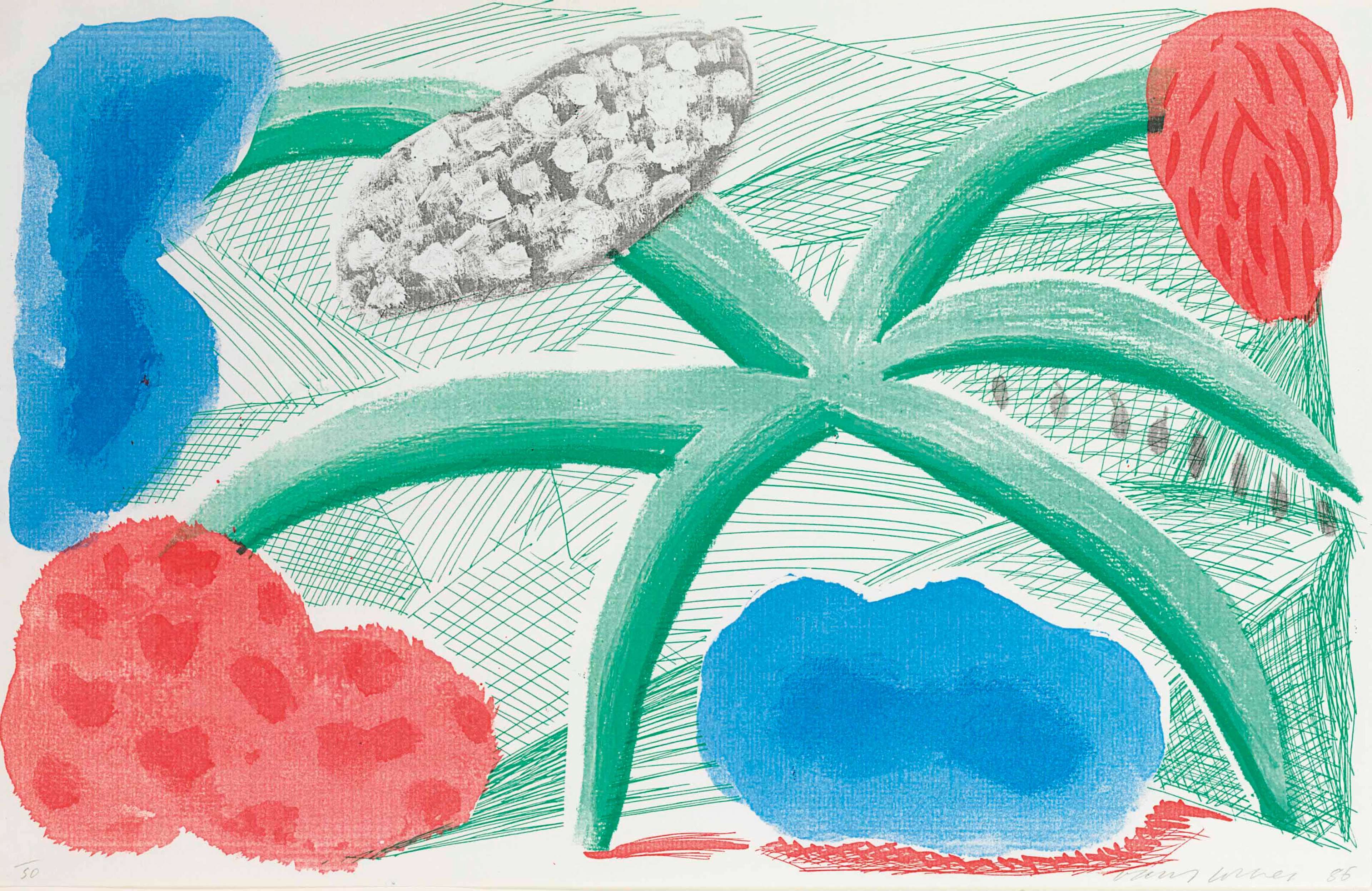 A simplified landscape with a single plant, compressed into a flat plane by the copier’s optics and articulated through stacked colour layers, 1986.