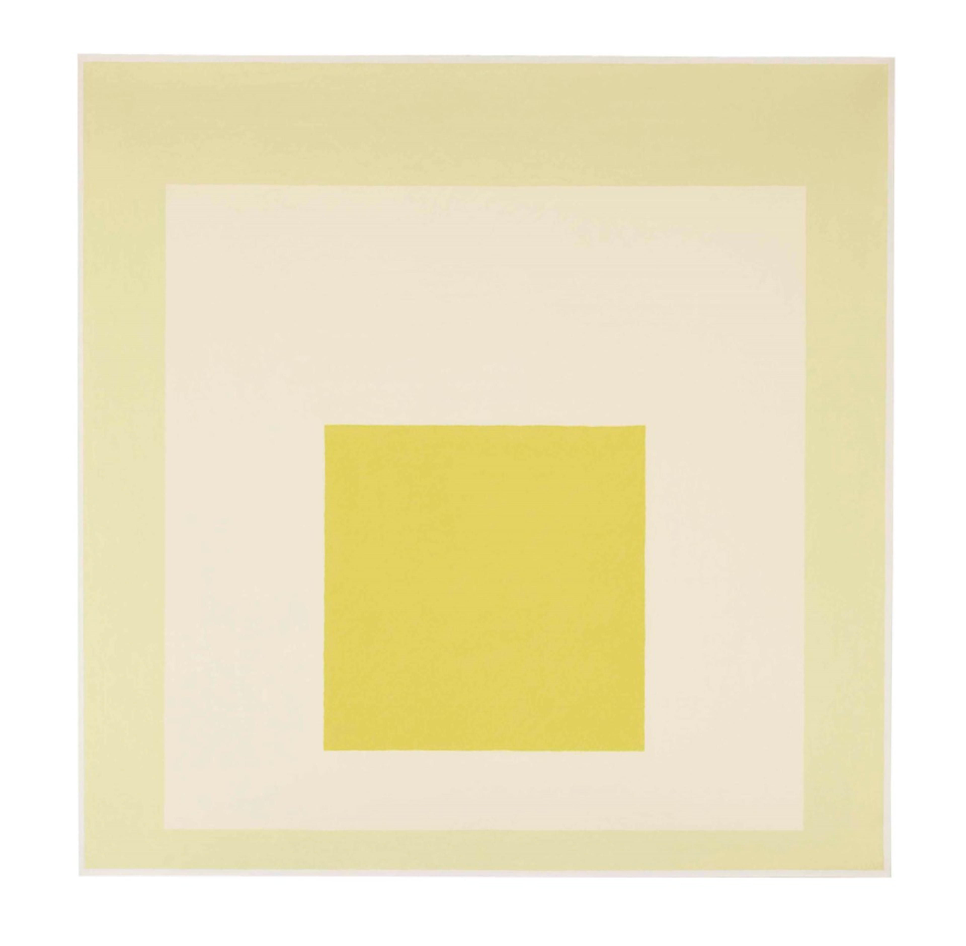 Three nested squares, getting smaller as they stack and moving slightly towards the bottom. The largest is a very light greeny yellow, then very light cream, and the smallest is a bright, but dark yellow.