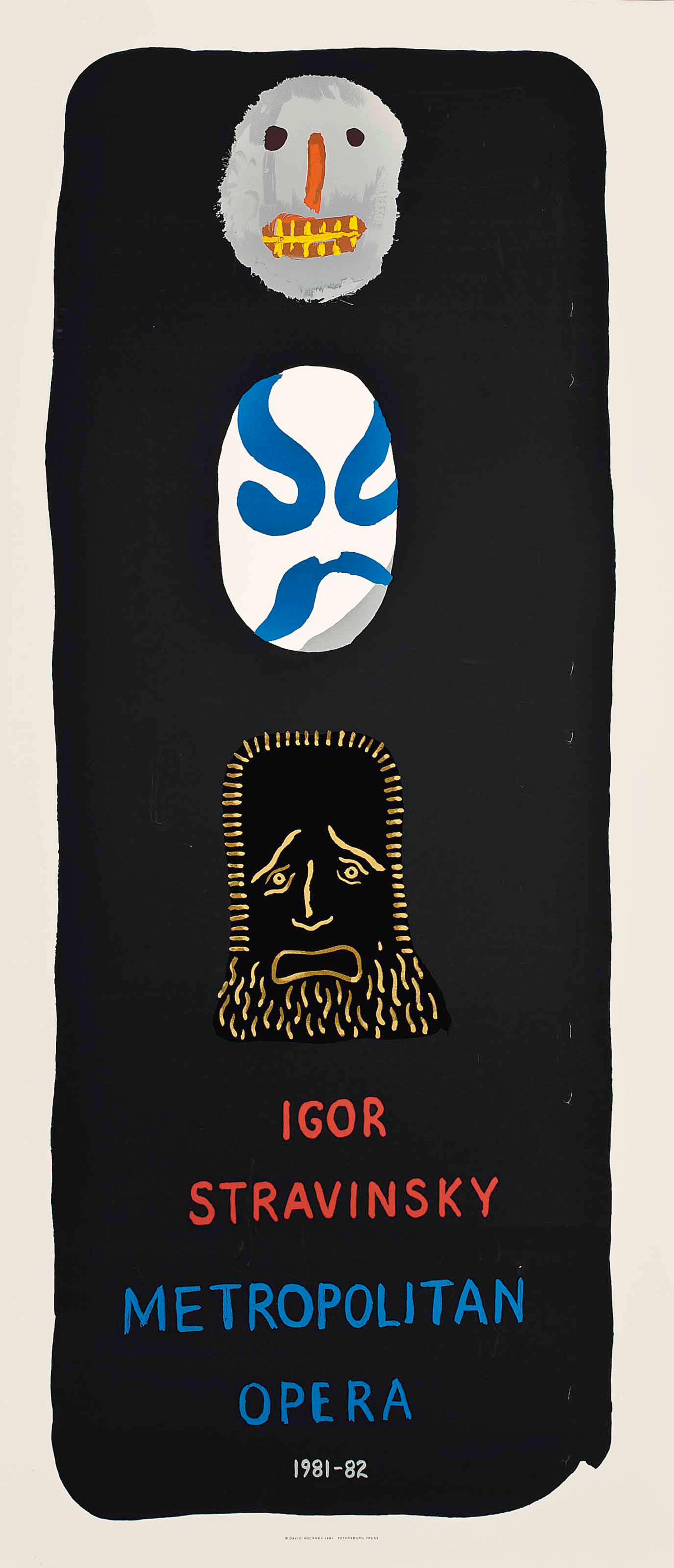 Une image de l'affiche créée par Hockney pour Igor Stravinsky au Metropolitan Opera. Elle représente trois visages sur un fond noir : un visage dessiné grossièrement, un masque et enfin un visage empreint de tristesse. Le titre est écrit en lettres capitales jaune vif et bleu.