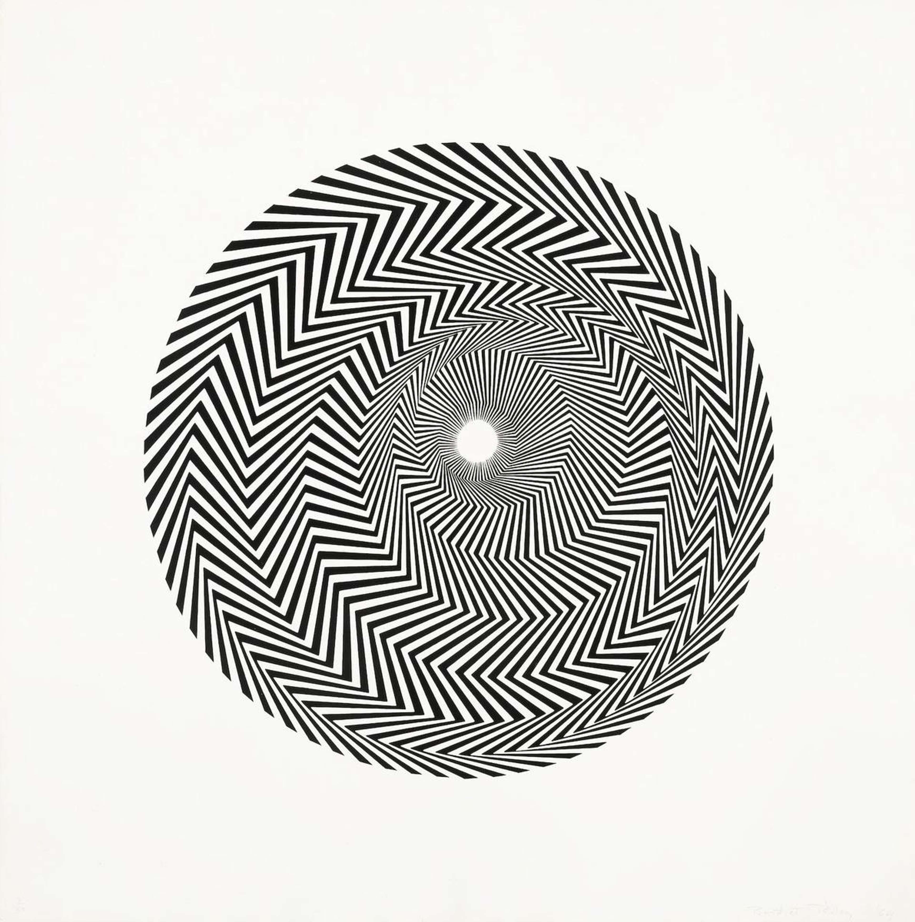 Une sérigraphie de Bridget Riley, intitulée « Untitled (Based On Blaze) », représentant des anneaux concentriques de zigzags noirs et blancs qui génèrent un effet optique pulsé et rotatif. L'œuvre présente des chevrons calibrés avec précision là où les bandes se rejoignent, accentuant un vertigineux sentiment de mouvement dans une palette monochrome austère. Exécutée en sérigraphie Op Art (1965), avec une édition signée de 5 exemplaires.