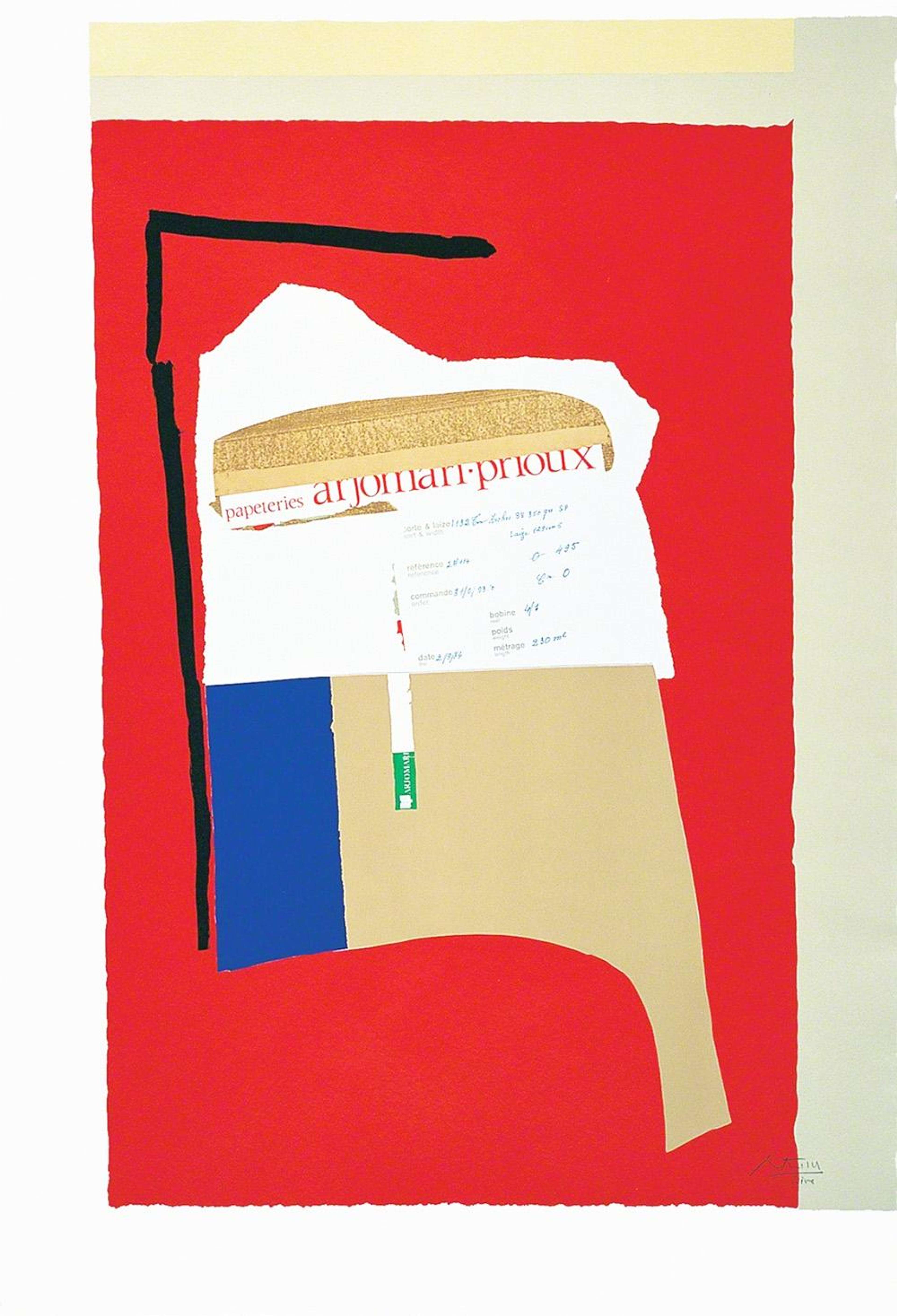 Estampe lithographique signée sur fond rouge, présentant des découpages géométriques en papier et carton au centre. Un angle droit noir bien marqué a été peint dans le coin supérieur gauche. Au centre se trouvent une découpe de mots français et des notes manuscrites.