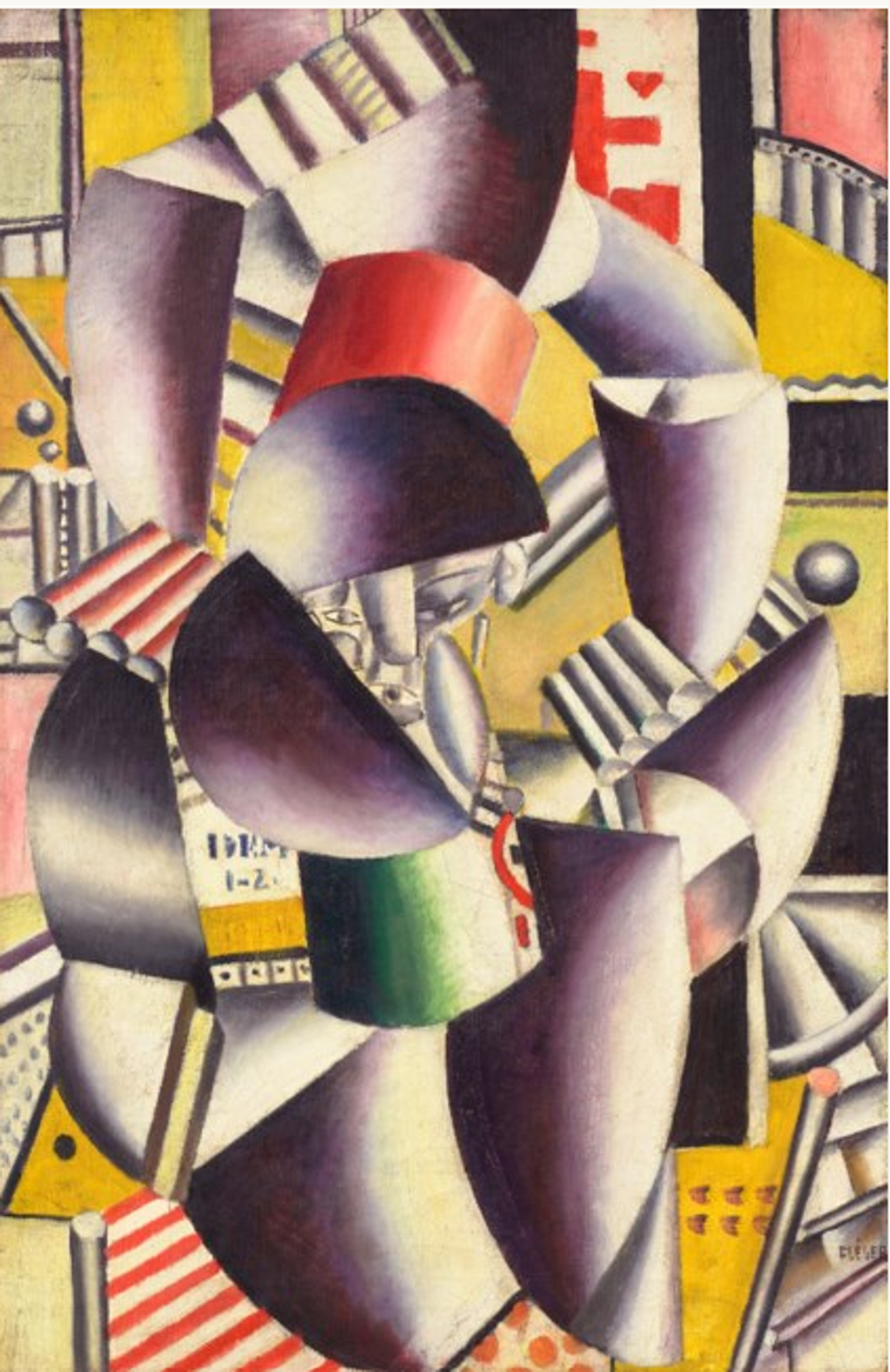 A cubist painting with fragmented geometric shapes in greys, reds, and yellows. Human figures are abstracted beyond recognition through cylindrical and angular forms against a background of architectural elements. The composition uses sharp contrasting lines and overlapping planes to create a sense of dynamic movement and spatial complexity.