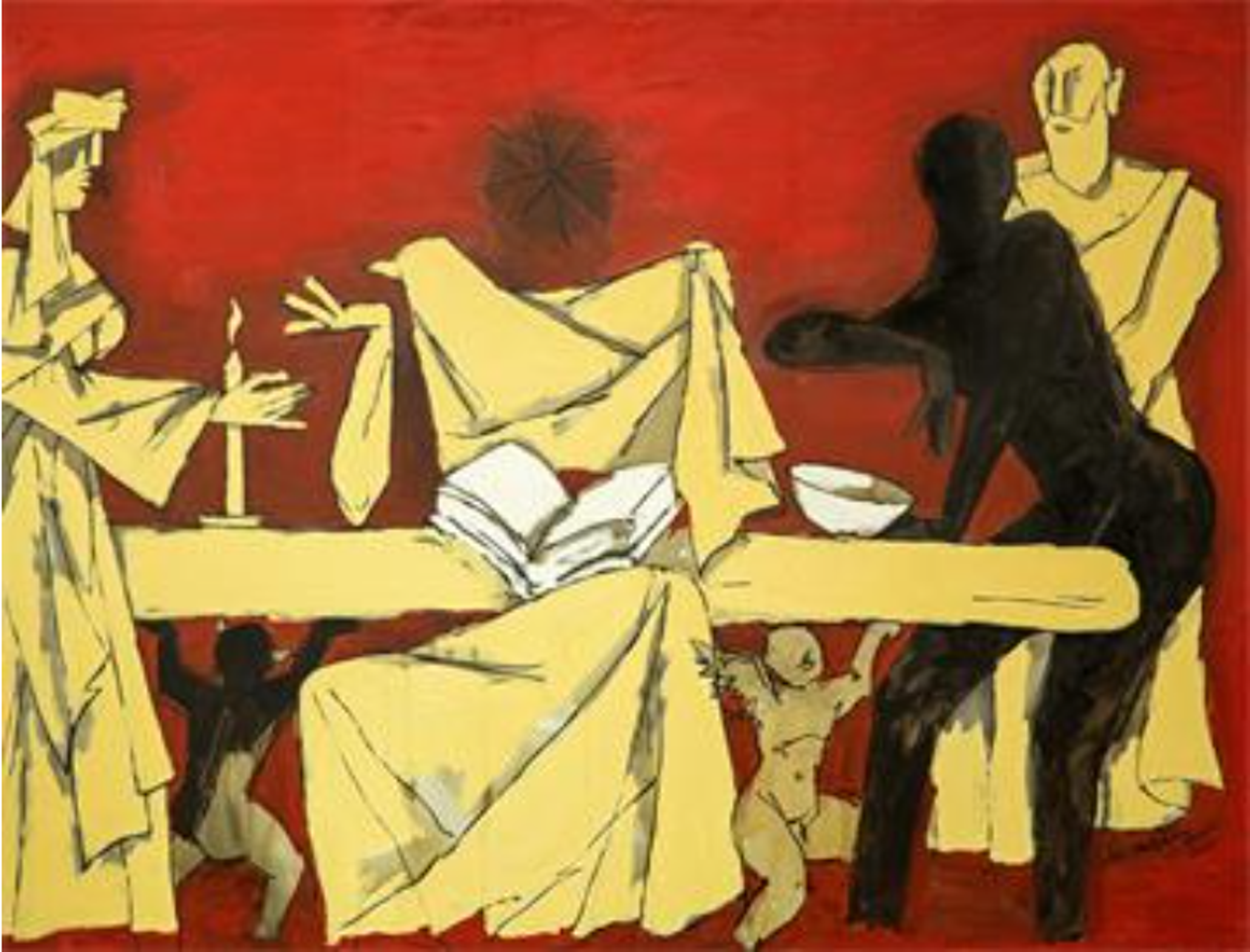A dramatic reinterpretation of the Christian narrative featuring figures rendered in stark contrasts of light and shadow. The composition shows two figures in yellow-white approaching another figure sat at a table, with another entirely black figure leaning over from the right.  The background is a deep red. Husain's signature bold outlines and simplified forms create a powerful visual tension. The traditional scene is reimagined through his distinctive Indo-centric modernist lens, creating a cross-cultural dialogue through visual means.