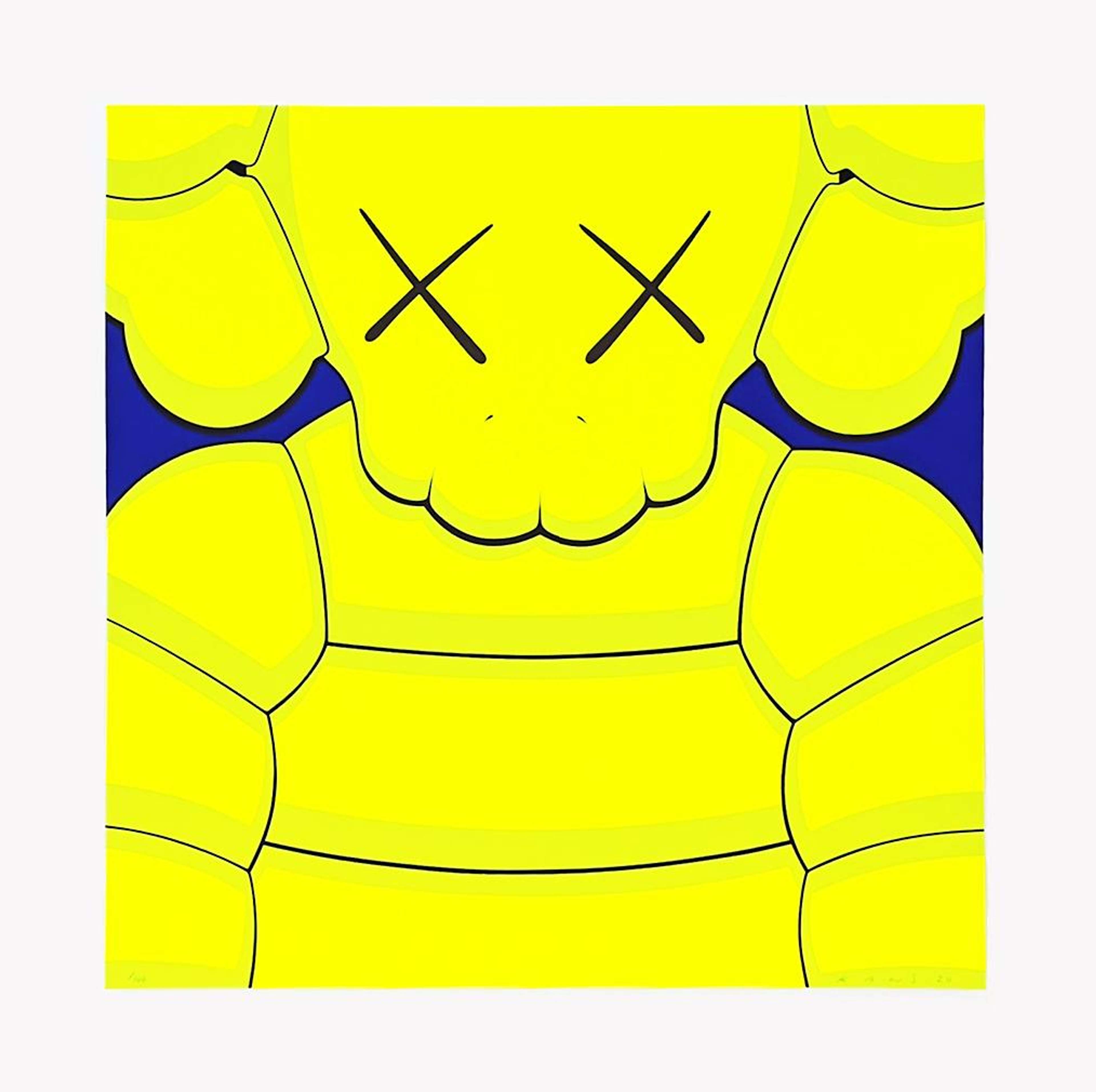 « What Party (jaune sur bleu) » de KAWS. Une sérigraphie représentant un personnage vert citron avec deux X à la place des yeux sur un fond bleu marine.