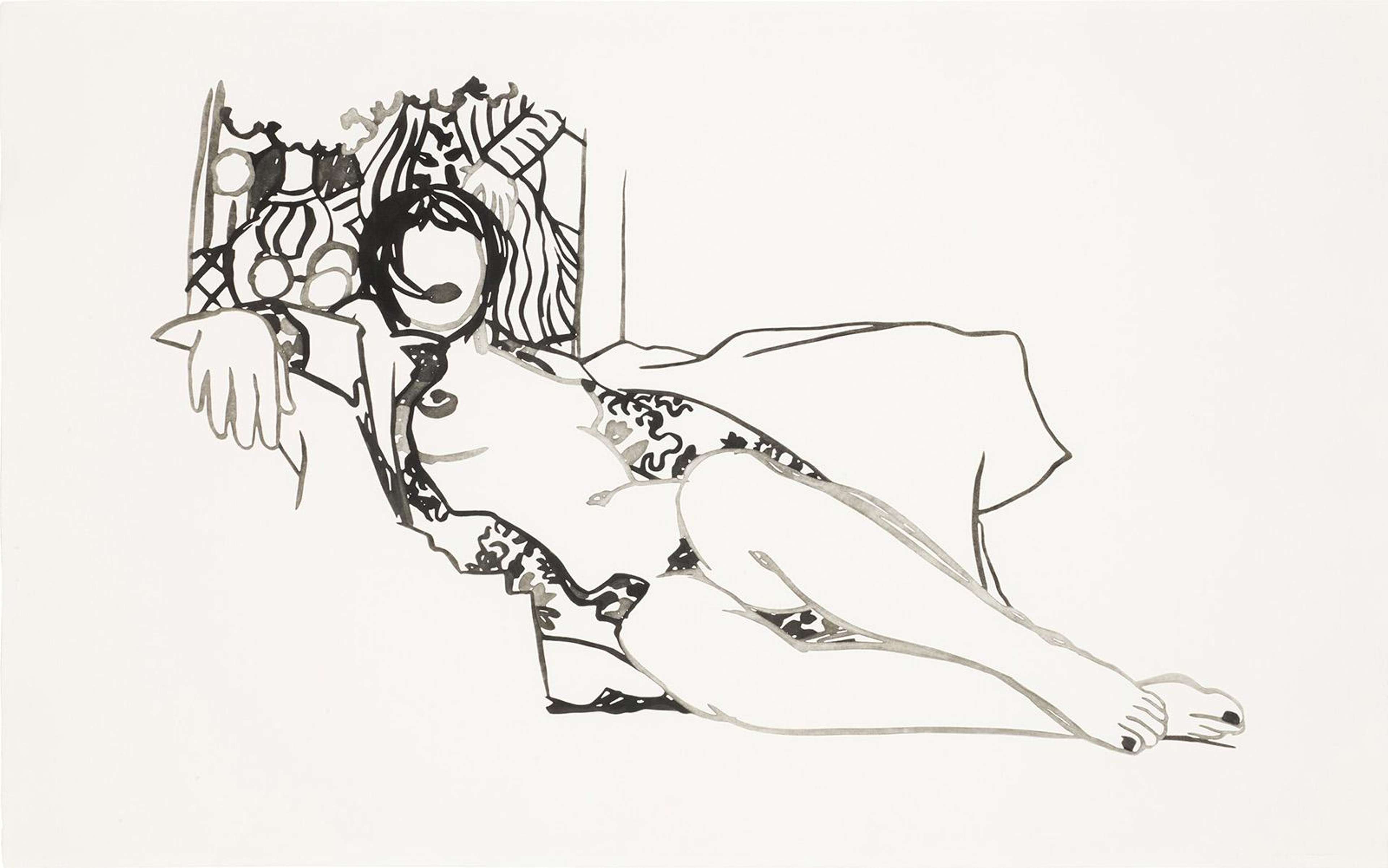 Une œuvre en émail sur acier découpé de Tom Wesselmann représentant une figure féminine nue allongée.
