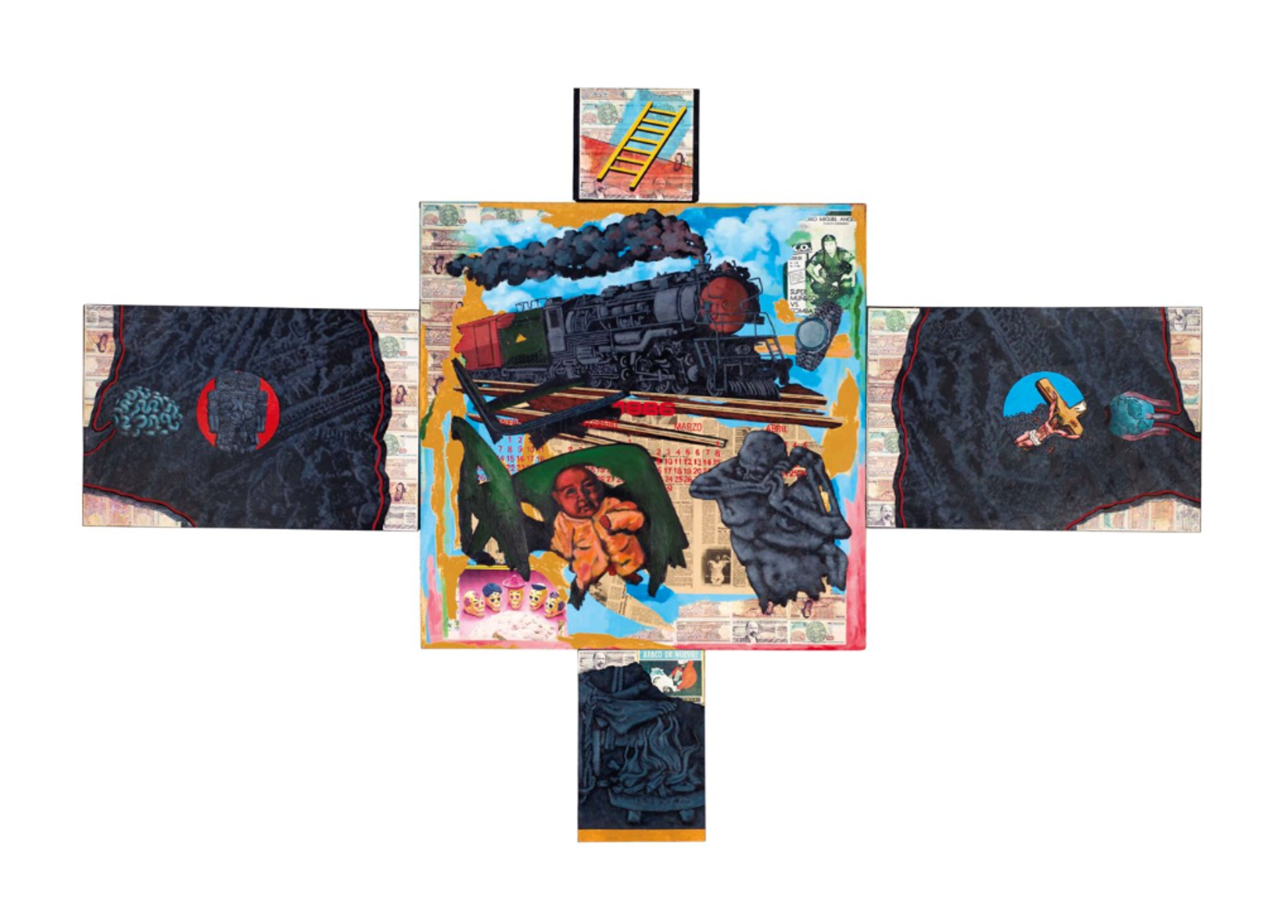 A composition of five boards - one large central square board, and four smaller boards arranged at the sides. Each features various images, from a black-and-white foot being burned by fire to an industrial steam engine, set against a background of collaged US dollar bills. The images seem to reference human thought and vision, as well as religion, capitalism, and suffering.
