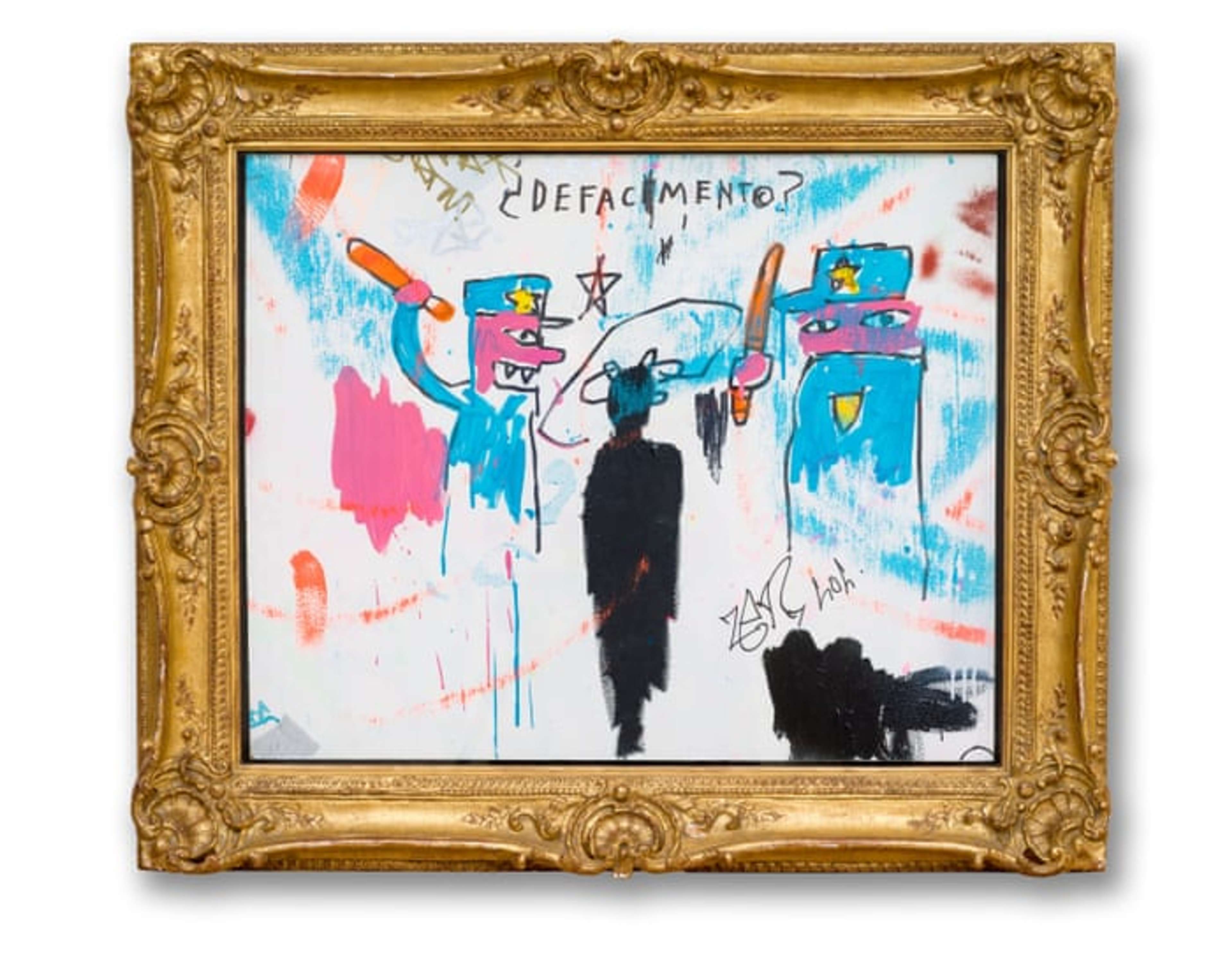 Une image de l'œuvre « Defacement » de Jean-Michel Basquiat. Elle représente deux policiers, dessinés dans un style brut, frappant une silhouette vêtue de noir avec des battes.