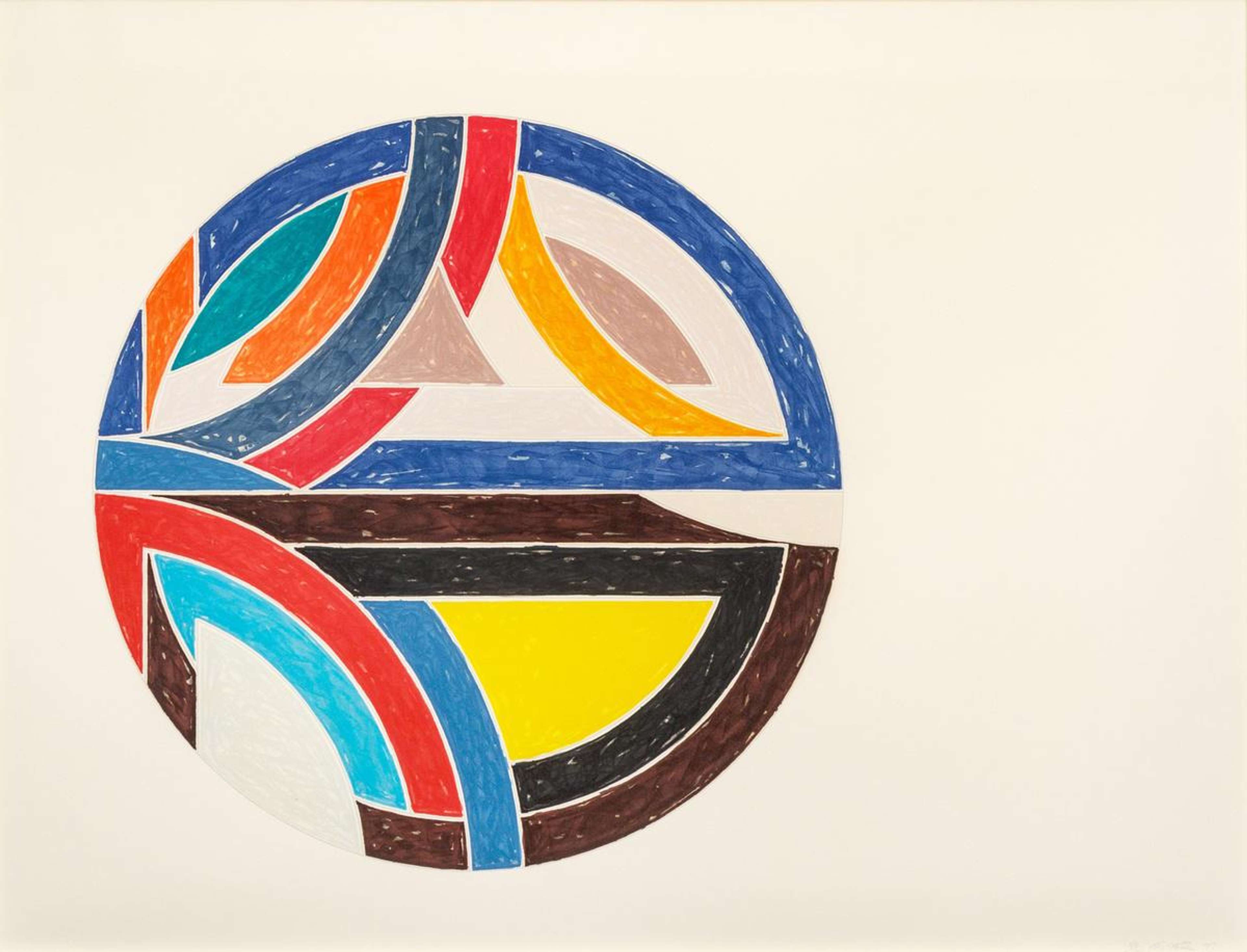 A circle design comprising overlapping lines, curves, and semi-circles. These shapes all form additional shapes, and where they overlap a thin white border is left to separate them. The main colours used are blue, red, yellow, and brown.
