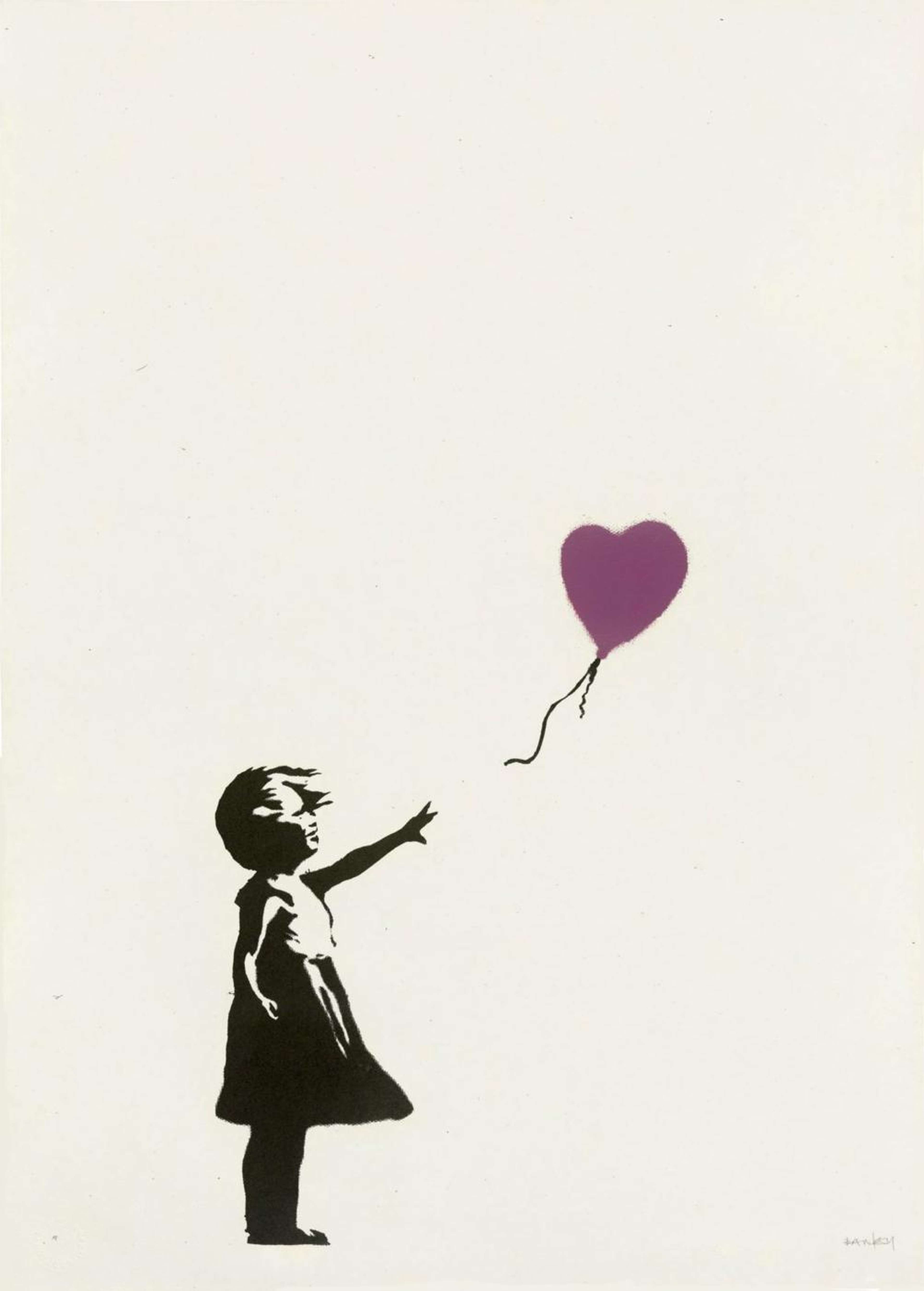 Une sérigraphie de Banksy représentant une jeune fille en peinture noire tendant la main vers un ballon violet en forme de cœur.