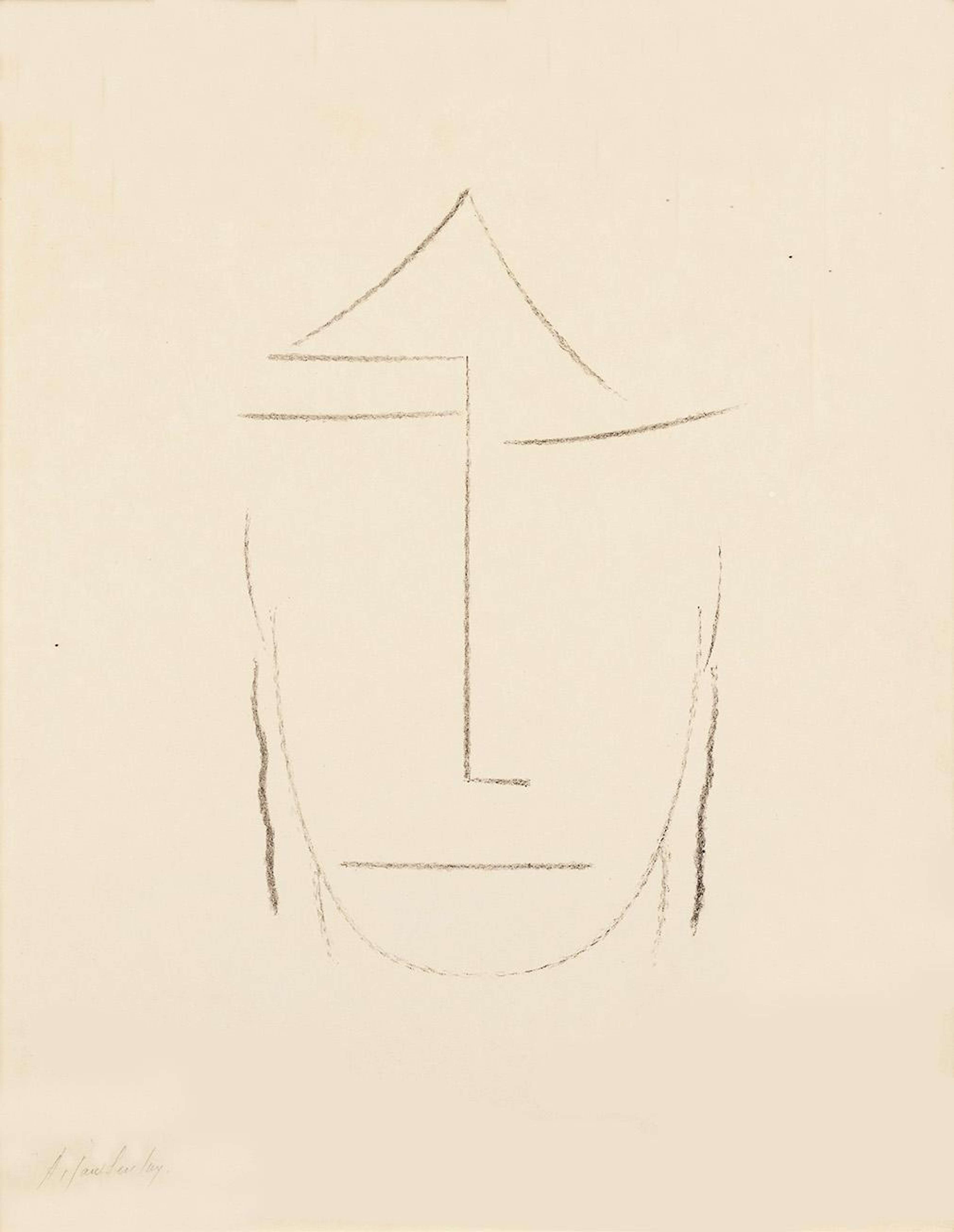 Une représentation abstraite et minimaliste d'une tête, créée en utilisant seulement 13 lignes et courbes. Chaque œil est dessiné à l'aide d'une courbe simple, et la bouche est une ligne horizontale droite.