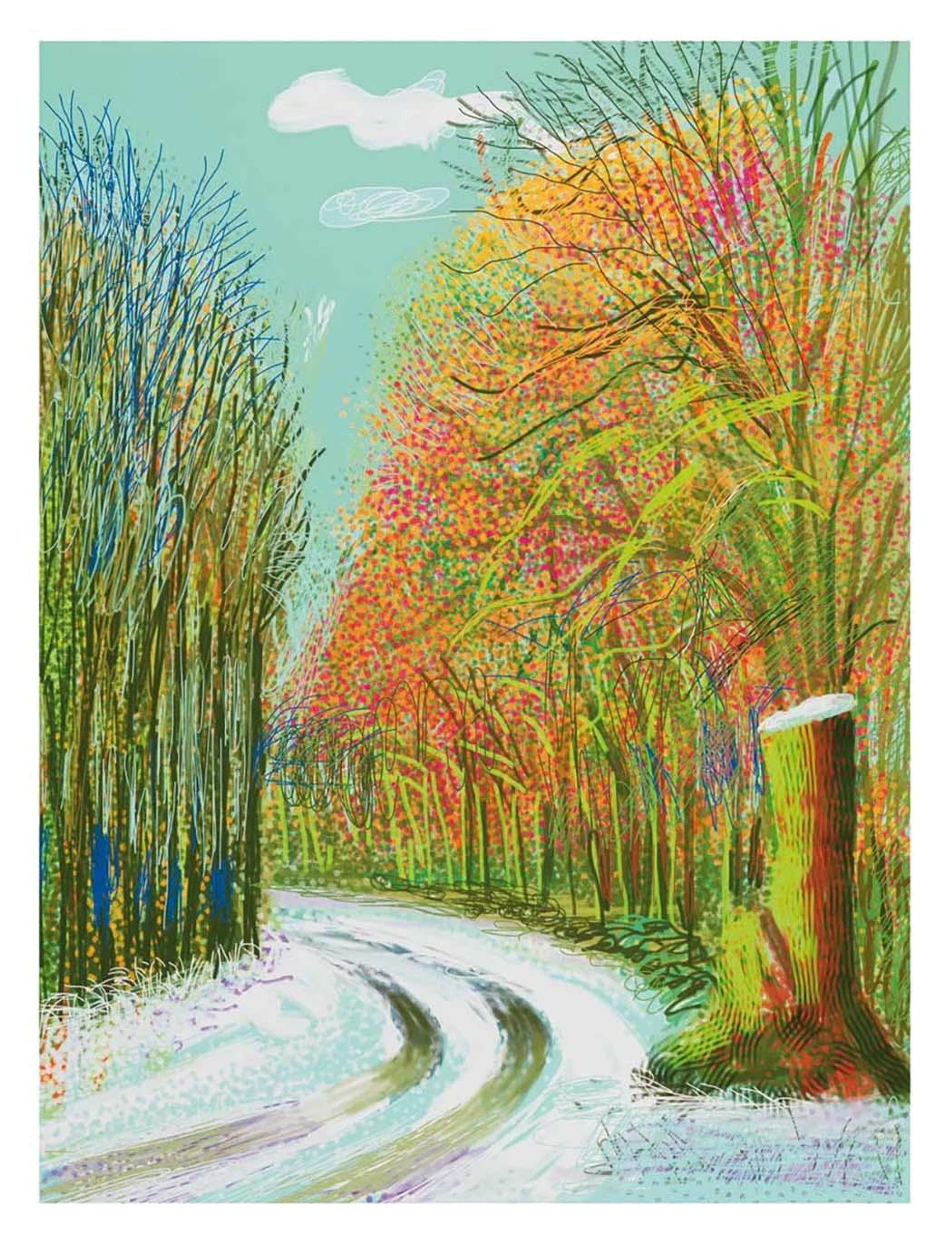 A print depicting a snowy lane path in an autumnal wood, with a snow capped tree trunk, rendered in loose expressive lines.