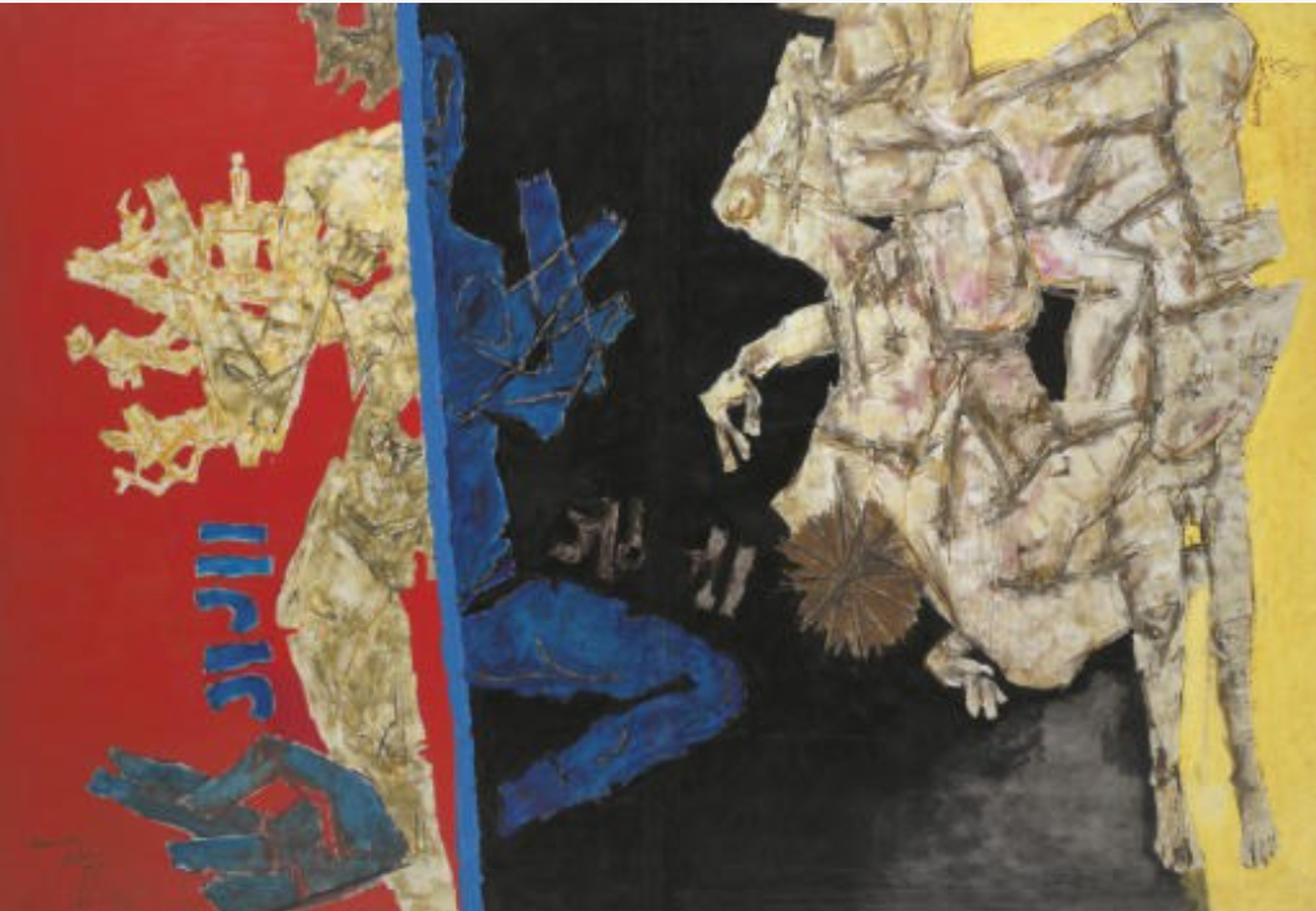 A dramatic composition divided into distinct colour zones of red, blue, yellow, and black. Simplified human and mythological figures engage across the boundary lines of these zones - on the right, a bundle of white figures overlap, their soft outlines allowing them to blend into one another; on the left a many-limbed figure is half yellow and half blue. Symbols and letters decorate the open spaces.