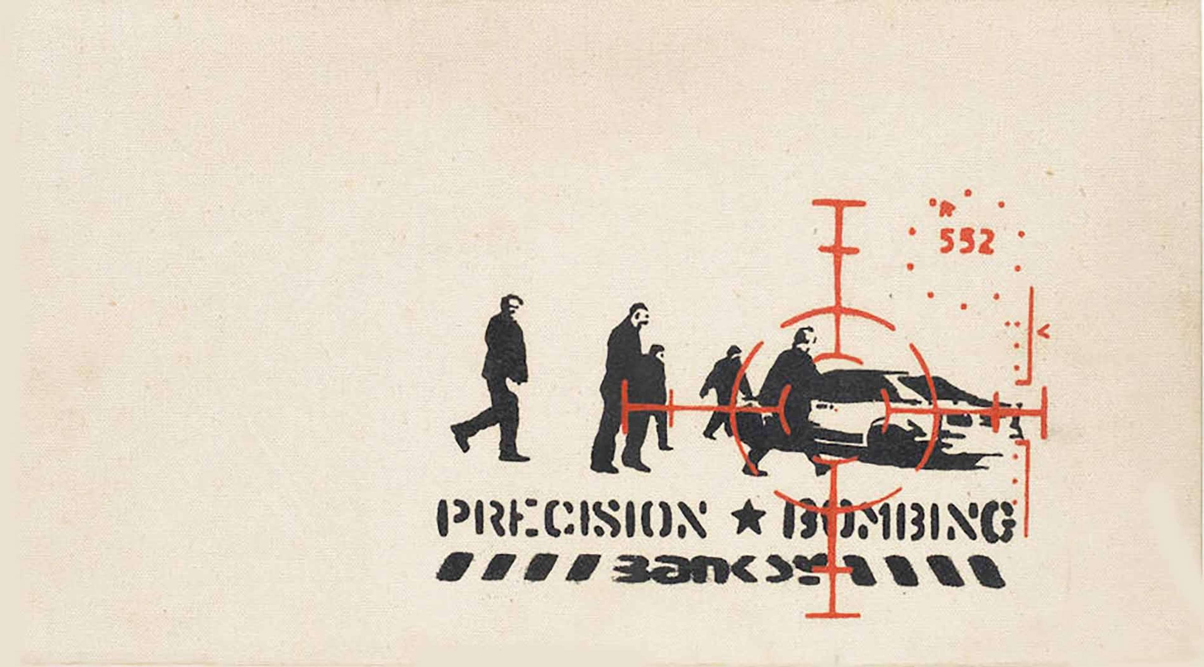 Cette estampe représente cinq personnages marchant vers une voiture, sous la surveillance d'un pointeur de précision. Le titre de l'œuvre est inscrit sous le groupe.