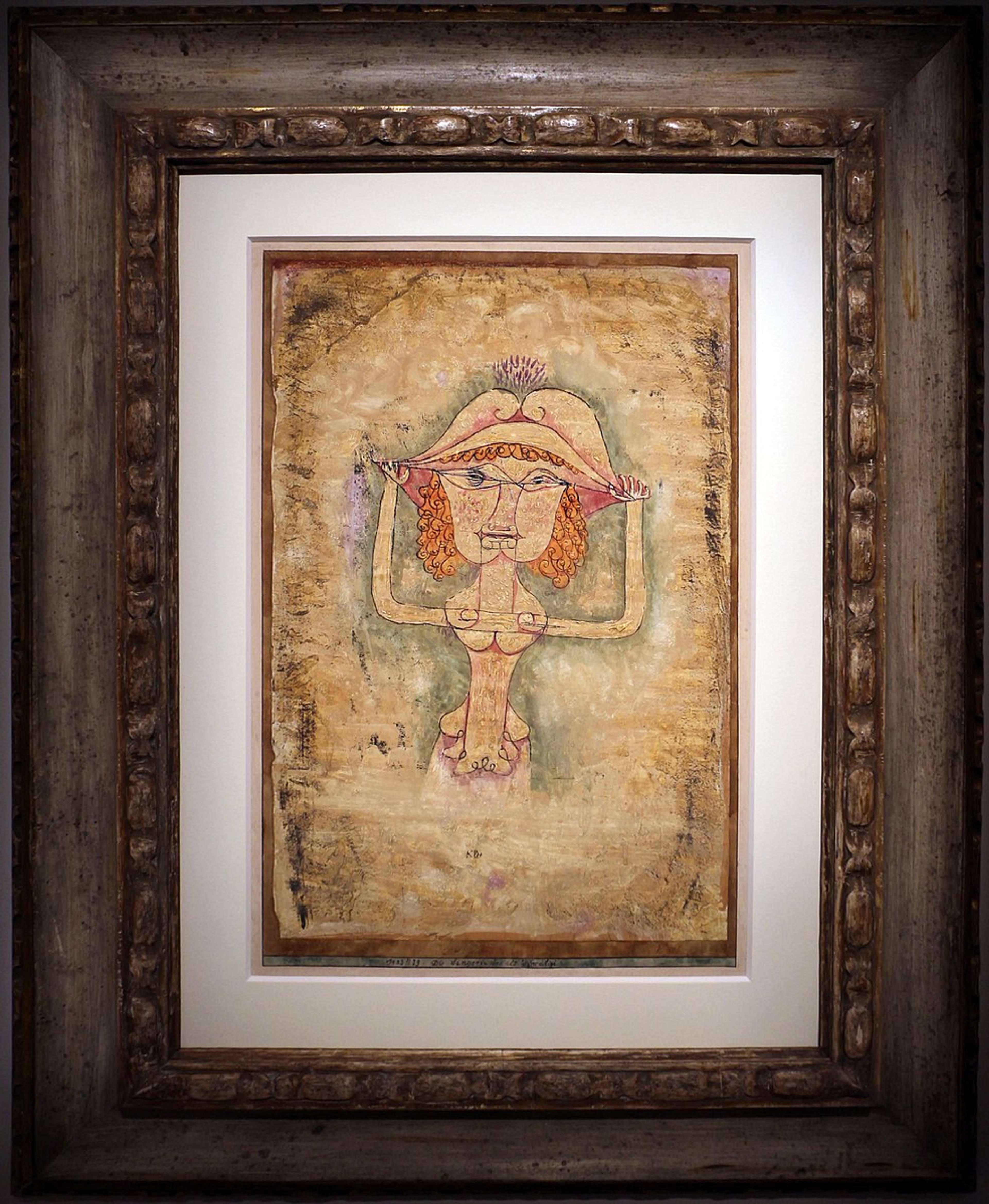 A chalky painting of a stylised female figure holding the brim of her large hat, outlined in fine, delicate lines with soft washes of muted warm colour, set against a pale background; the style is whimsical and lightly surreal.