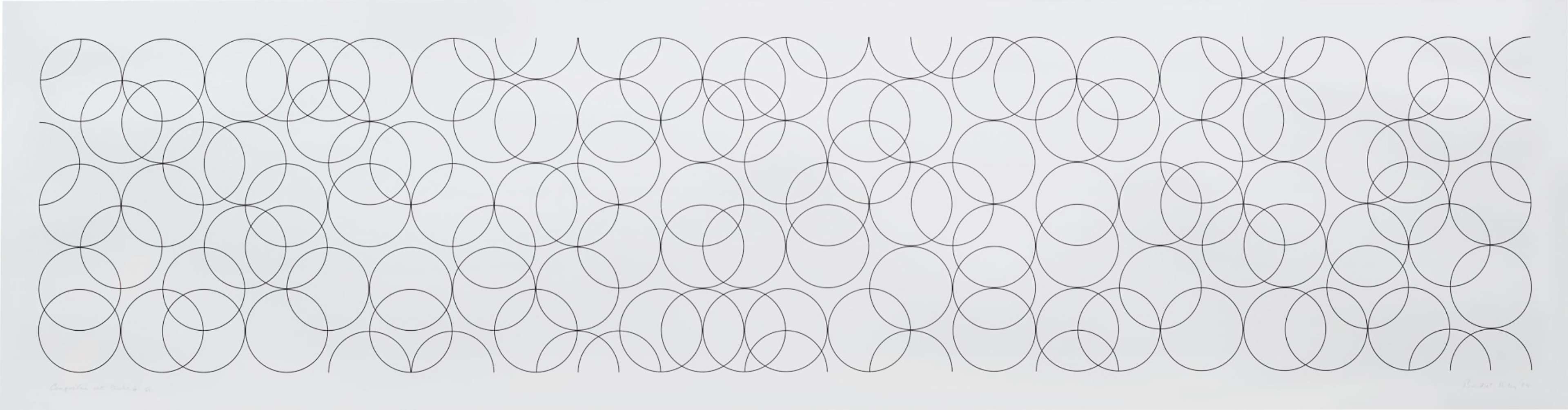 Sérigraphie Op Art de Bridget Riley, « Composition With Circles 4 », représentant des rangées de cercles entrelacés sur un fond blanc.
