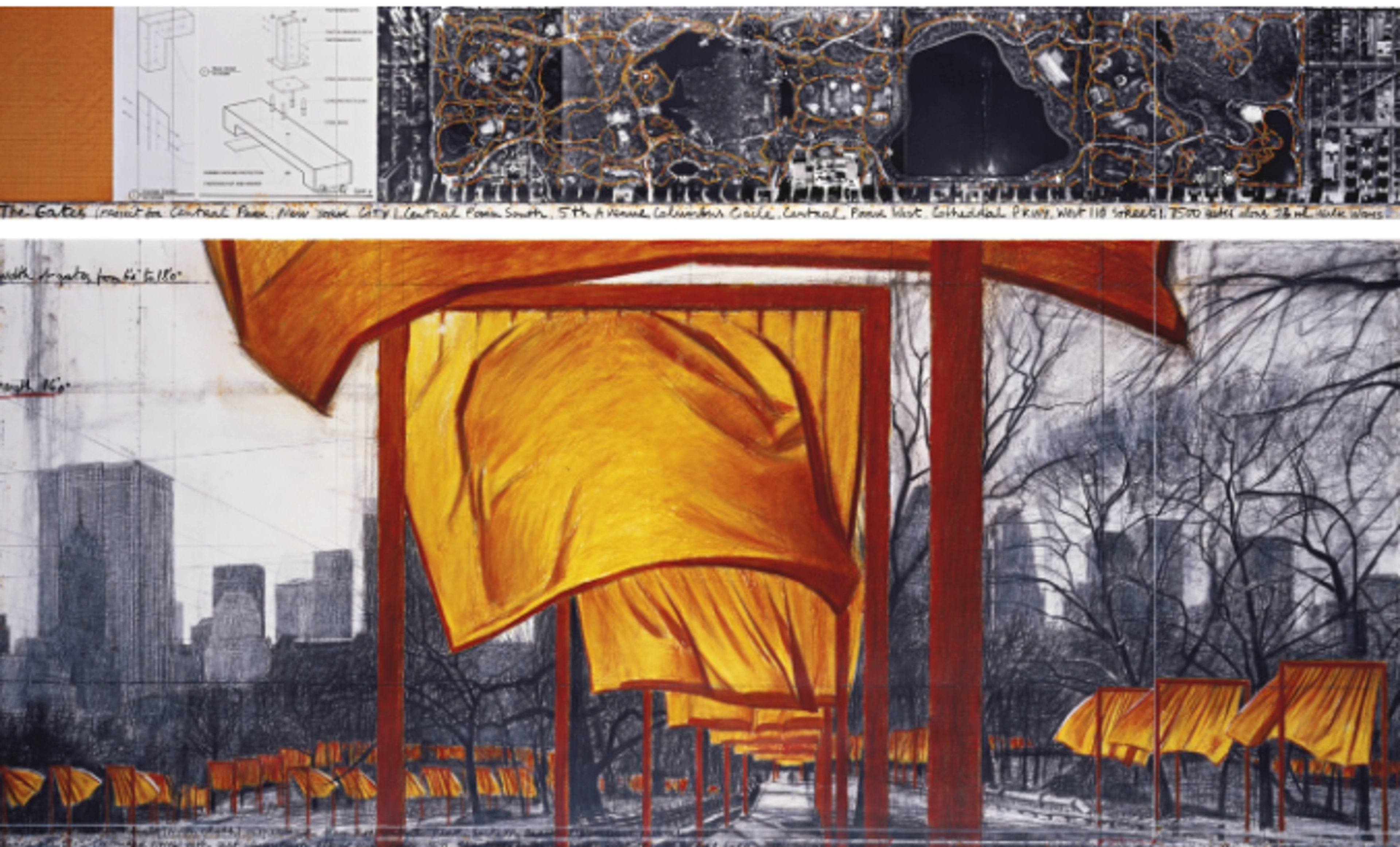 A two-panel artwork showing detailed plans for Christo’s Central Park installation. The top panel includes technical drawings of the gate structures and an aerial map of Central Park with orange pathway markings. The bottom panel shows an artistic rendering of the gates with flowing orange fabric panels against a black and white winter landscape of Central Park, with the Manhattan skyline visible in the background. Technical measurements and notes frame the artwork.
