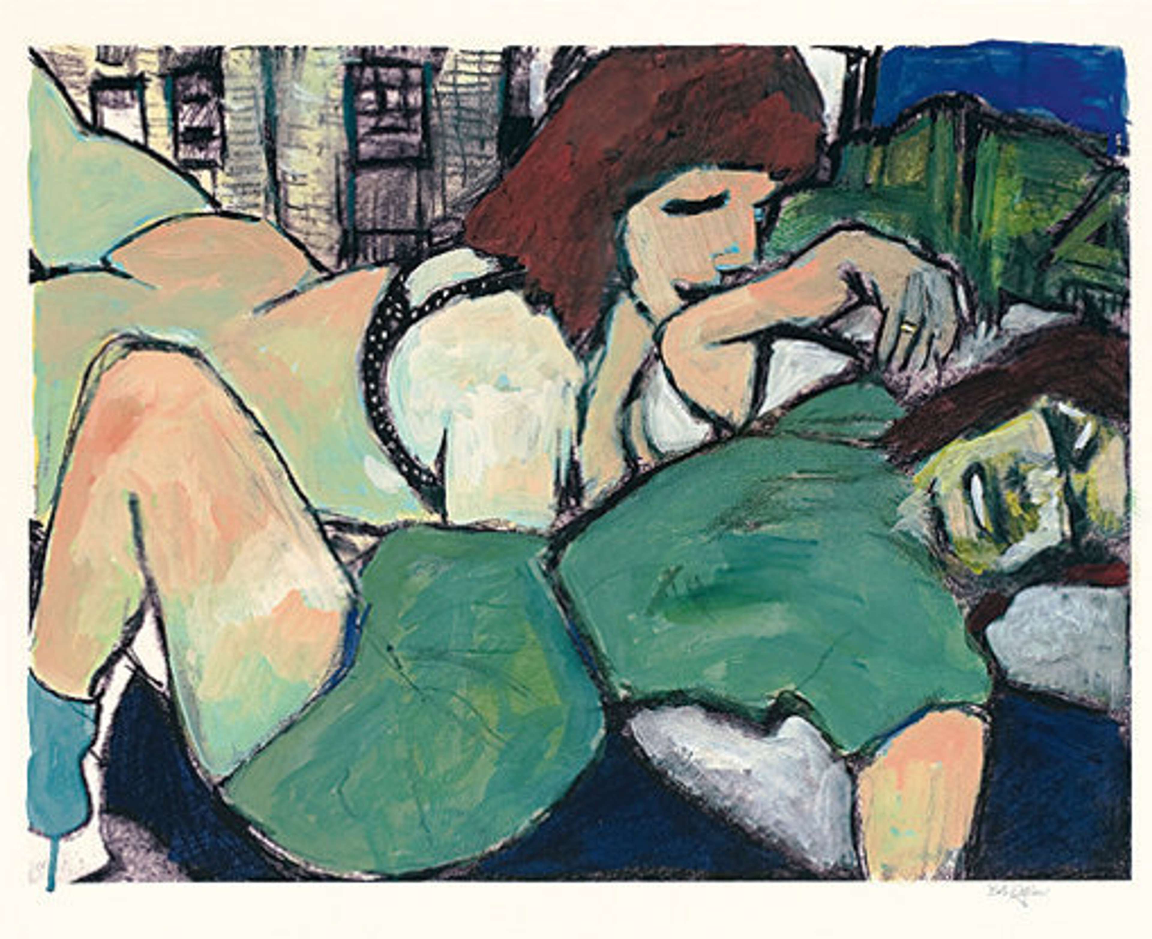 Texte alternatif : Une peinture de l'artiste Bob Dylan, représentant deux femmes riant ensemble dans un lit.