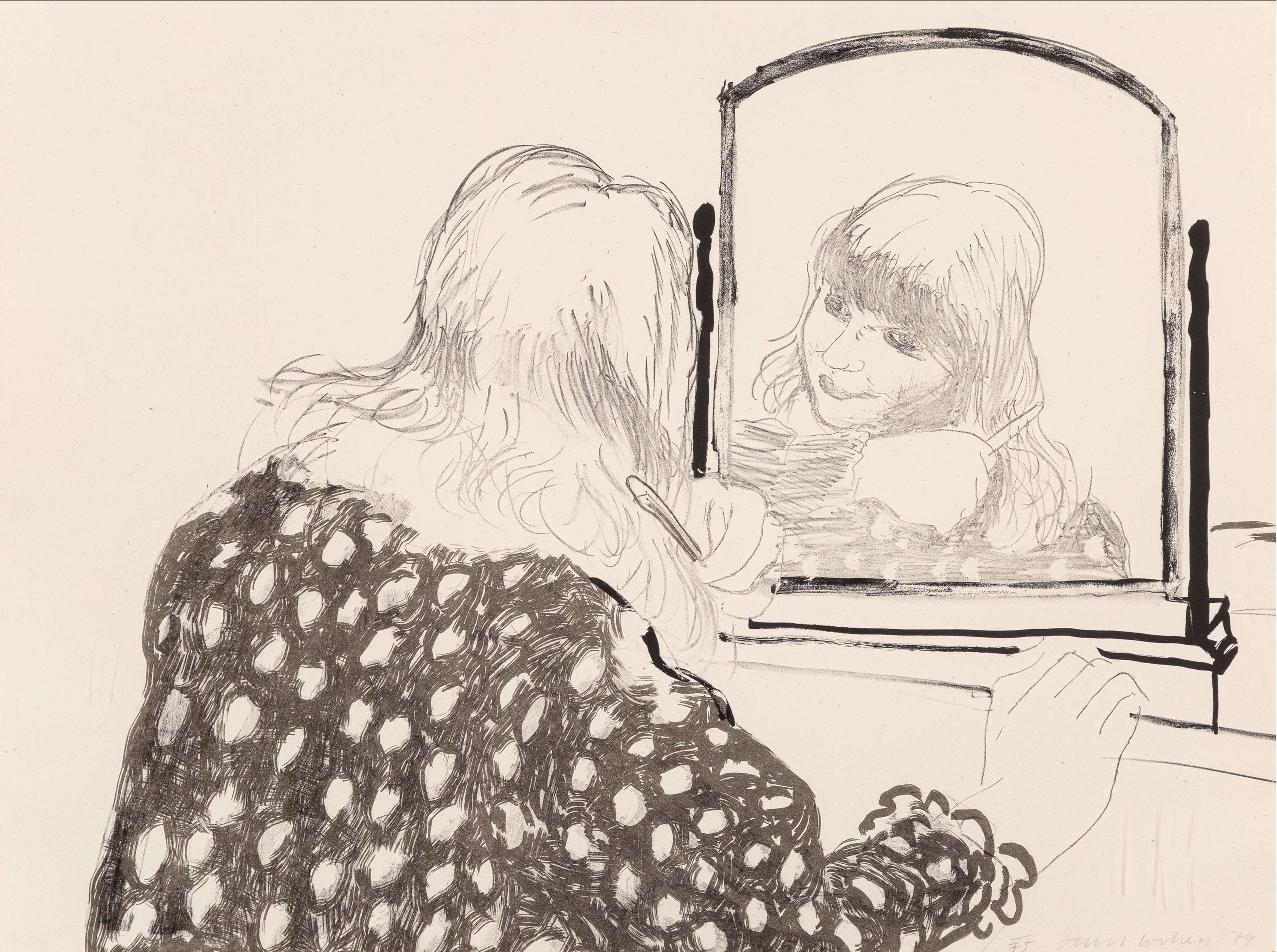 « Ann Combing Her Hair » de David Hockney. Une estampe lithographique représentant une femme vêtue d'une tenue à pois, se regardant dans un miroir tout en se coiffant.