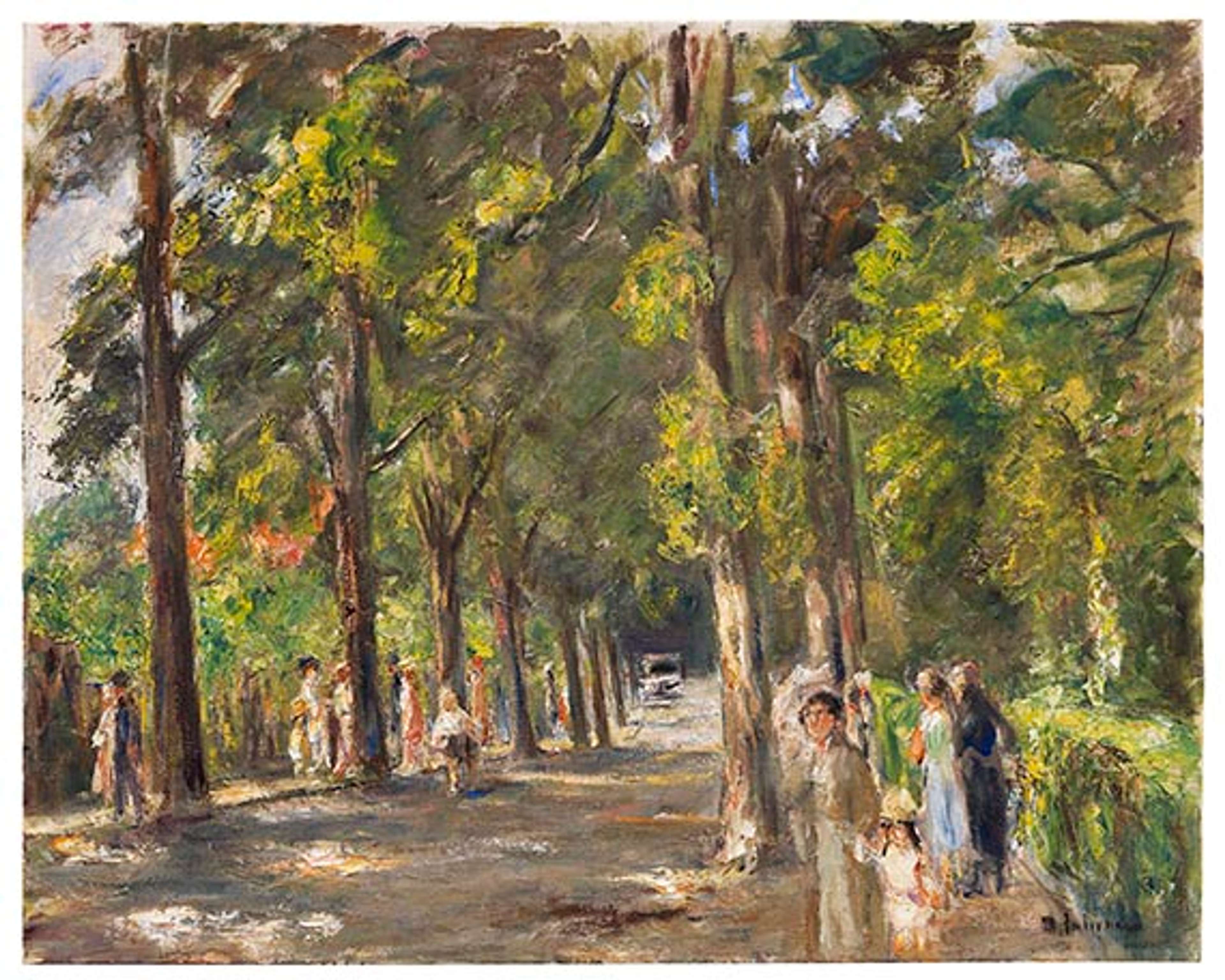 A painting of a tree-lined path with tall birch trees casting dappled sunlight, leading toward a lake visible in the distance. Many figures are walking on either side of the path.