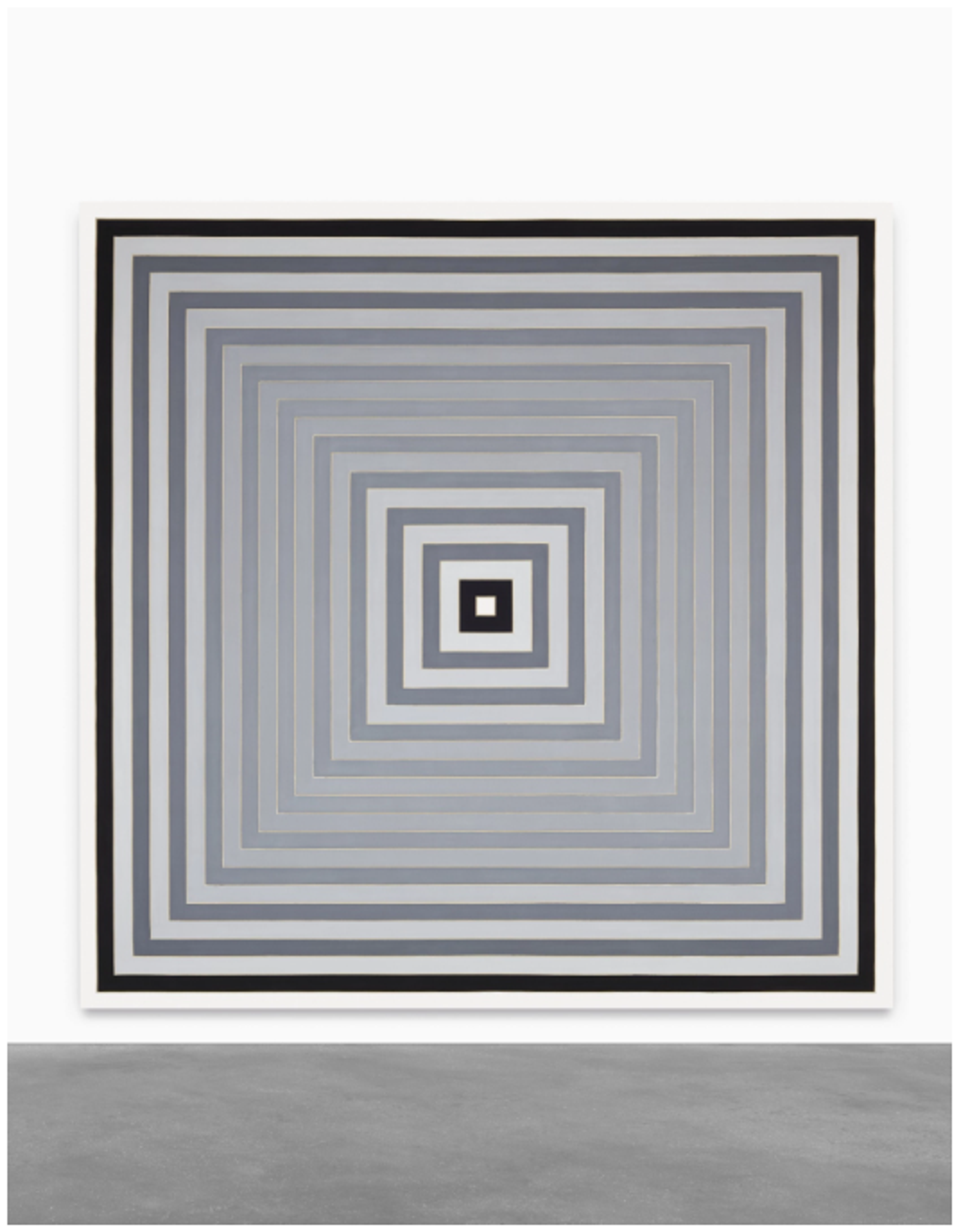 This grey square painting features concentric geometric lines converging toward the centre. The squares follow alternating gradients, with one getting lighter towards the centre and the other getting darker. 