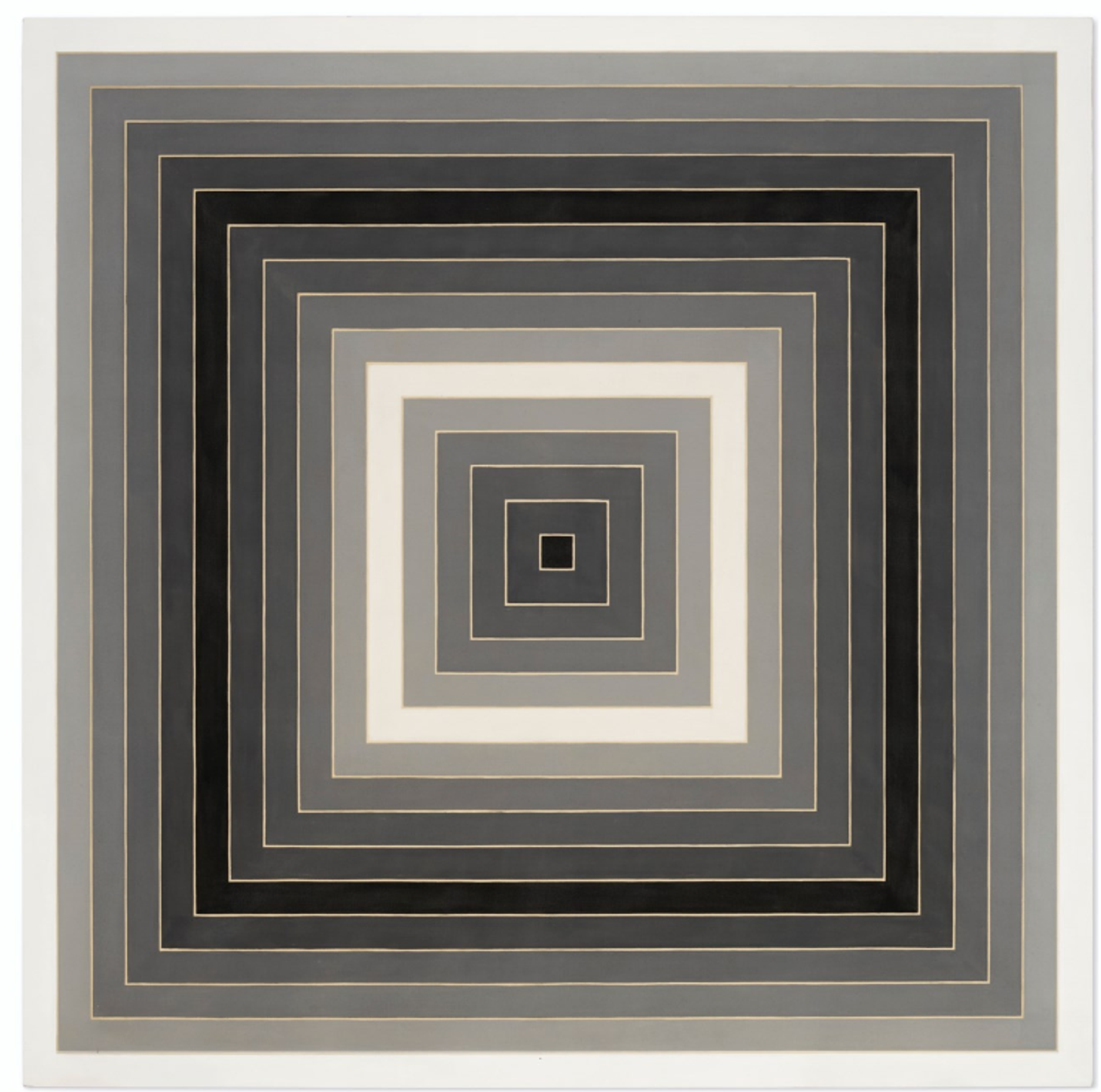 A large greyscale square painting with concentric lines narrowing toward the centre. The use of dark and light tones creates a hypnotic visual rhythm, seeming to suggest the squares rise off the canvas on the outermost edge and 80% of the way to the centre.