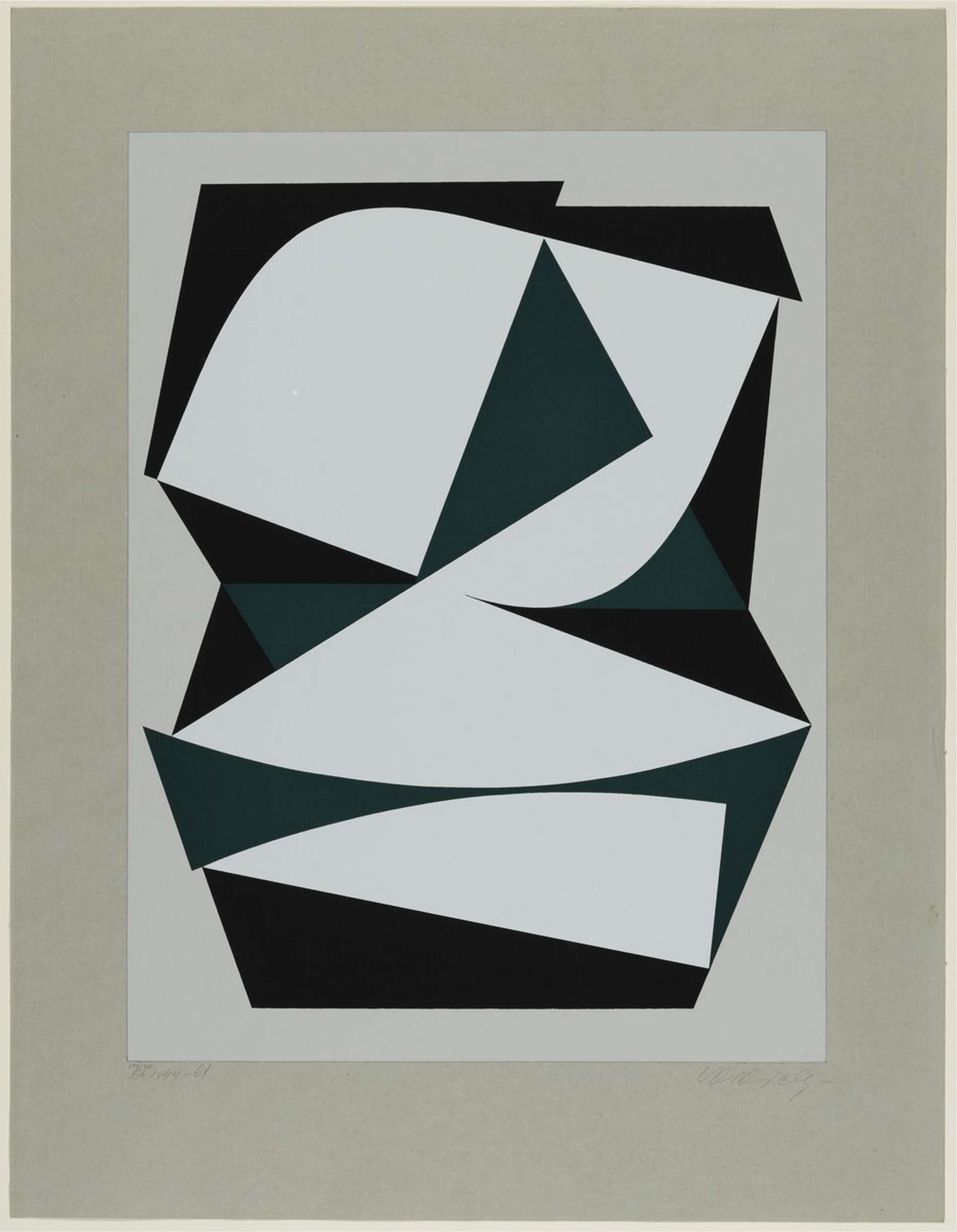 Une composition abstraite de diverses formes géométriques et triangulaires en noir et vert foncé qui viennent perturber un rectangle blanc central, lui-même entouré d'un fond beige.