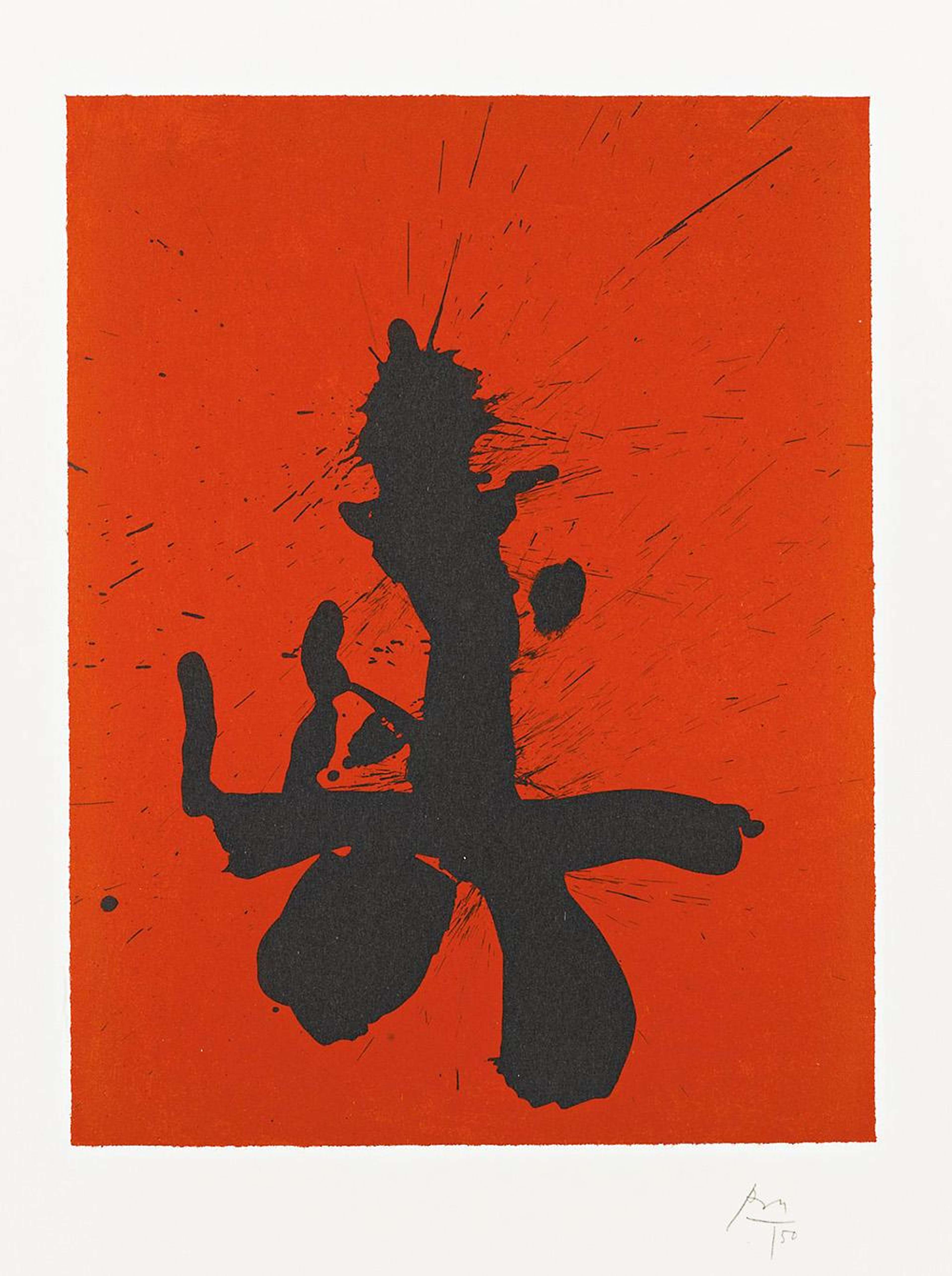 Une estampe lithographique présentant un fond rouge vif central, rehaussé de formes abstraites noires et de traits évoquant l'écriture japonaise.