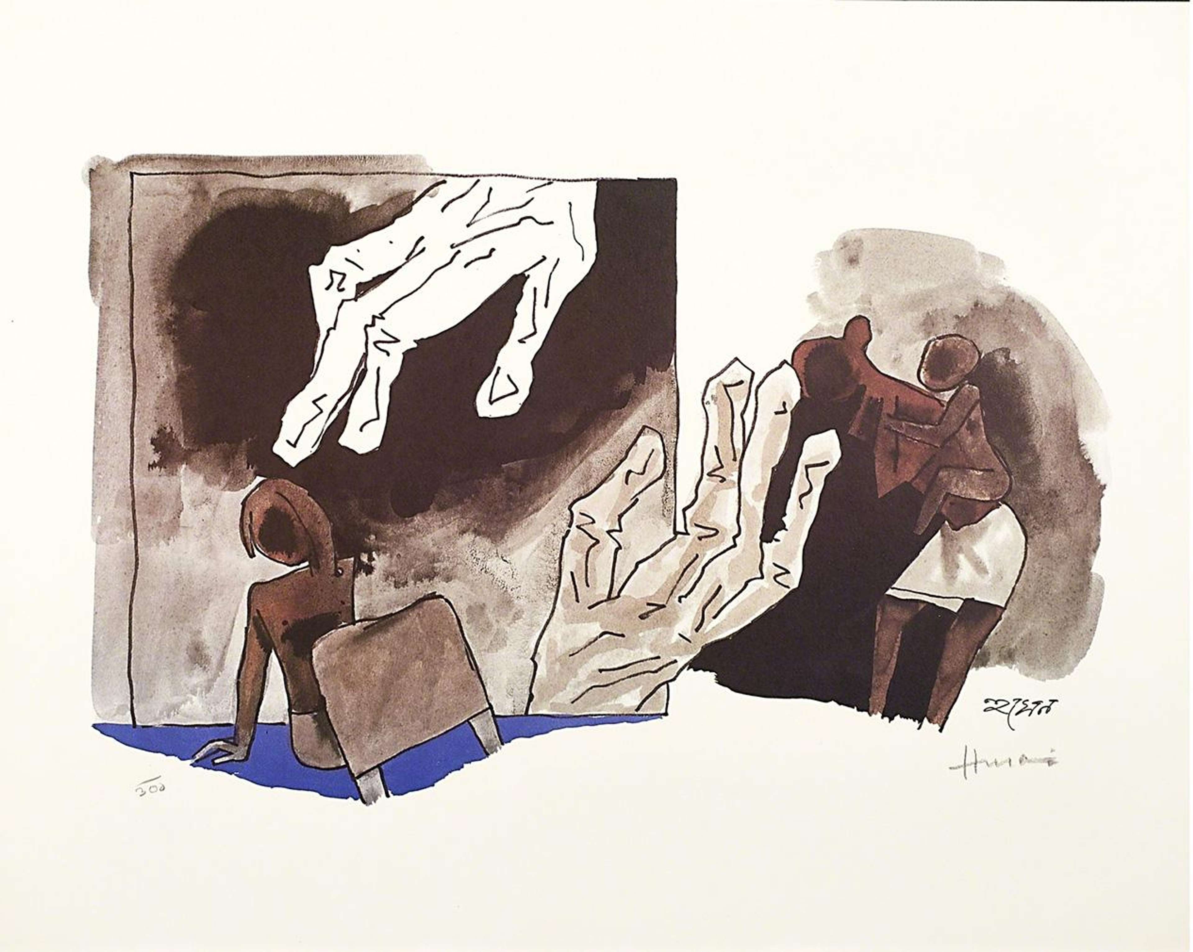 Une œuvre coupée en deux moitiés. Les mains de Mère Teresa, esquissées à gros traits au stylo noir, entrent dans chaque moitié : par le haut à gauche et par le bas à droite. Sur le côté gauche, un enfant, représenté uniquement par une forme brune au contour noir, est assis par terre et regarde la main. À droite, une femme tient un nourrisson. Là encore, les deux figures ne sont que des formes brunes simplement esquissées.