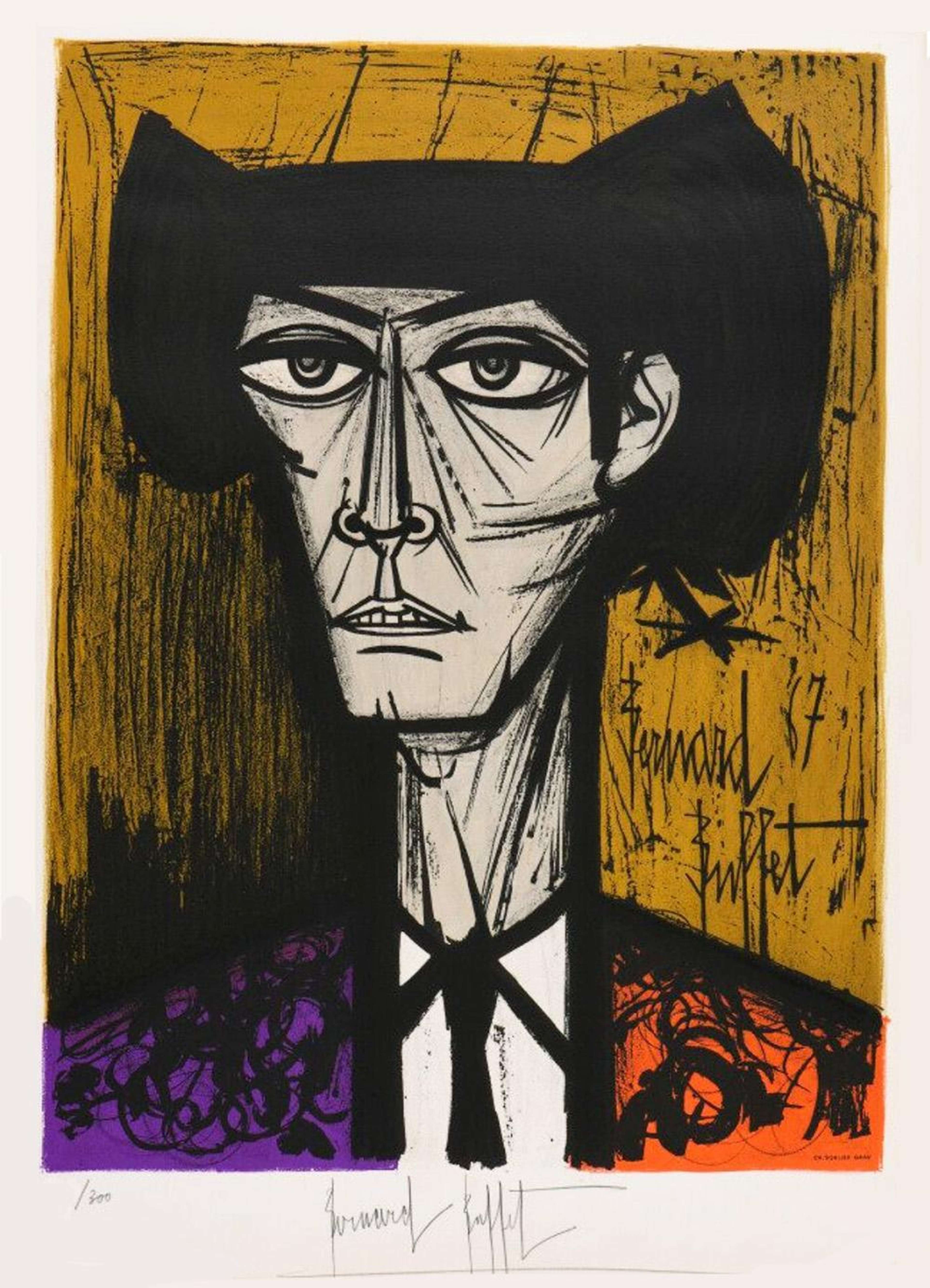 Un portrait d'un matador à l'air sévère. Il a les cheveux noirs, un visage très marqué par les rides, de grands yeux, et porte une veste moitié orange, moitié violette. En dessous, il arbore une chemise blanche et une cravate noire. Le fond est ocre jaune. Son expression est rendue par une combinaison de lignes noires épaisses et de lignes plus fines et précises.