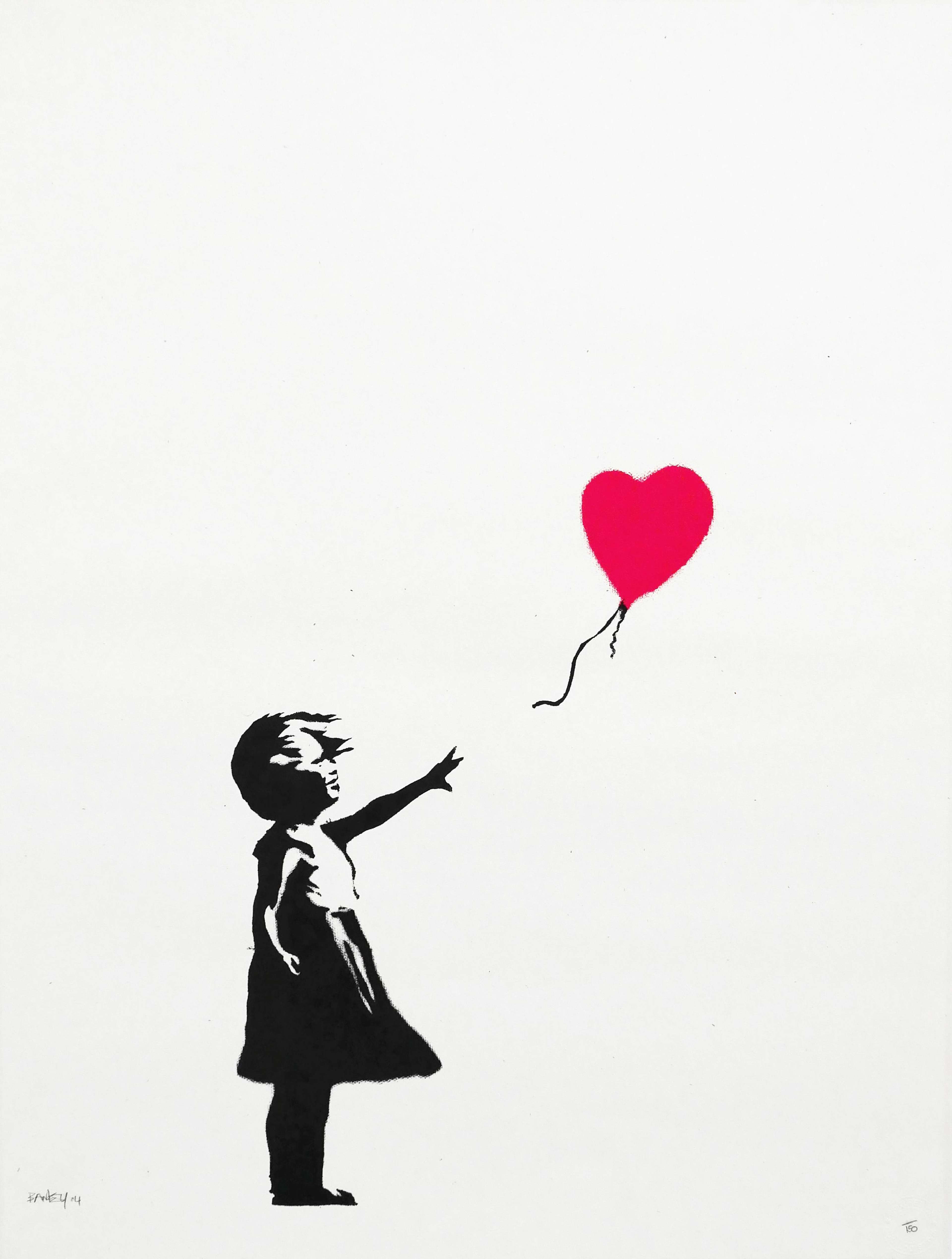 Screen print of a girl reaching for a red heart-shaped balloon on a white background.