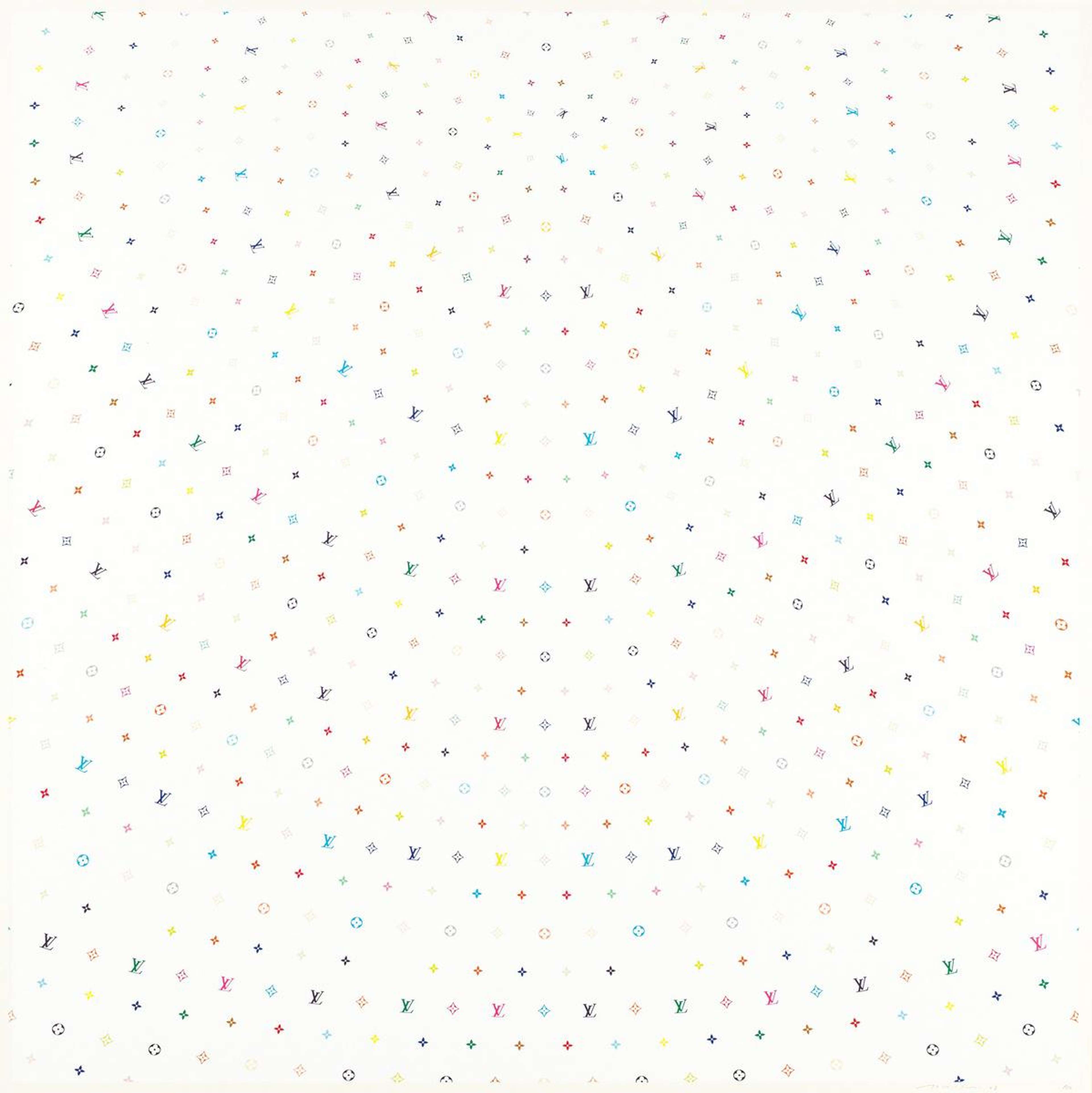Takashi Murakami, « Sphere (white) ». Motif monogram Louis Vuitton multicolore en forme de sphère sur fond blanc.