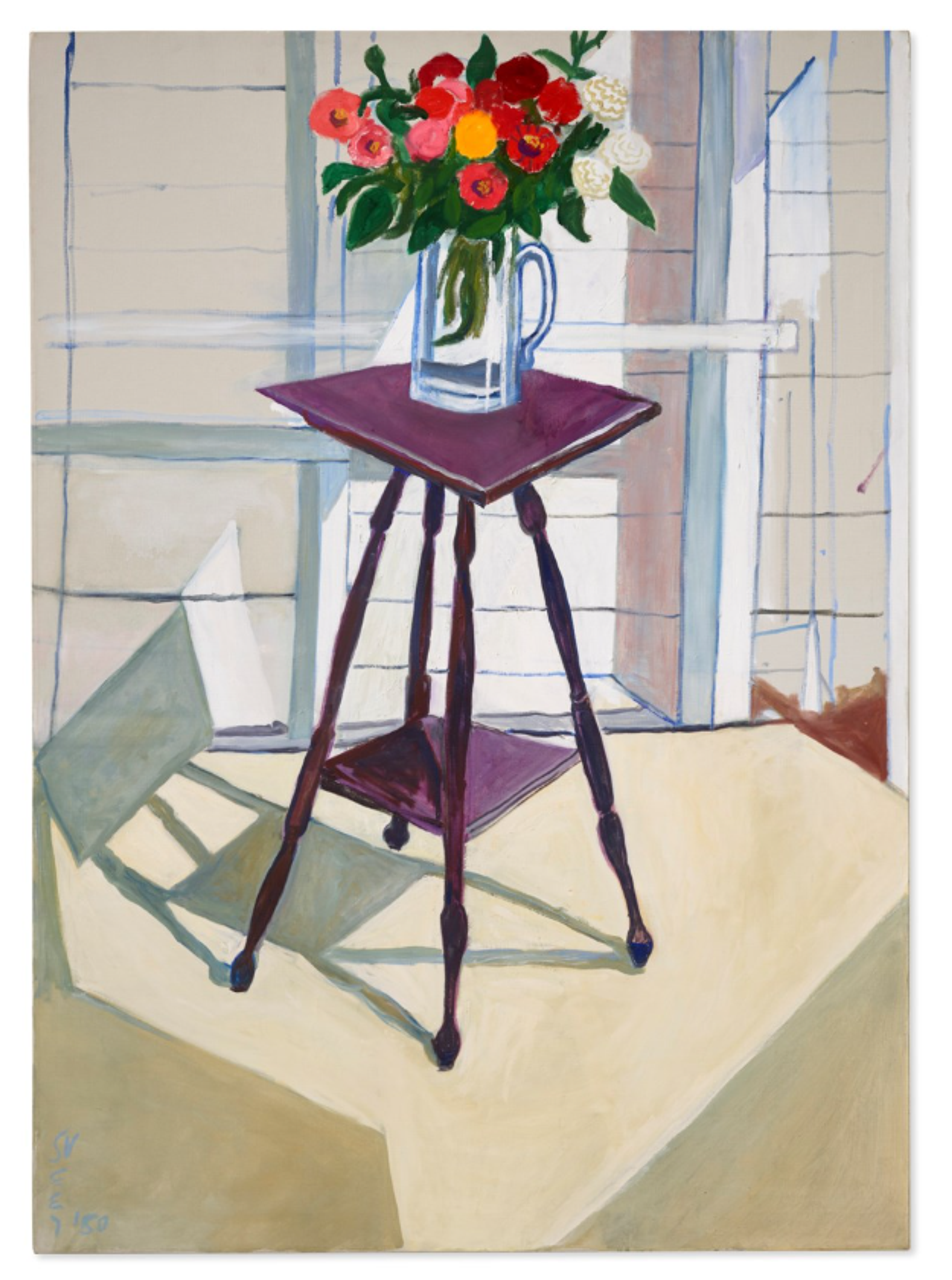A painting of a tall purple side table with ornate legs, topped with a white pitcher containing red and orange flowers, casting shadows in bright daylight.